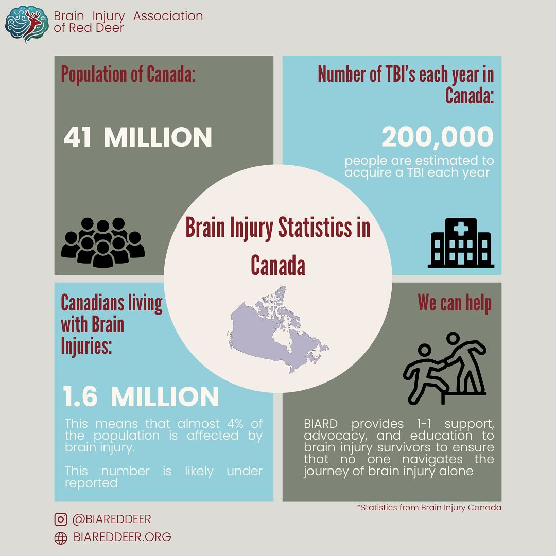There is an estimated 1.6 million people in Canada with an acquired brain injury. This number is likely under-reported due to a lack of public education, awareness, and resources. Brain injuries can also go under-reported among more vulnerable populations particularly if prior medical documentation is relied upon for brain injury history.
The Brain Injury Association of Red Deer (BIARD) wants to help you through your brain injury journey by providing 1-1 support, education, and advocacy. For more information visit us at BIARedDeer.org, message us on instagram, or send us an email: info@biareddeer.org.
