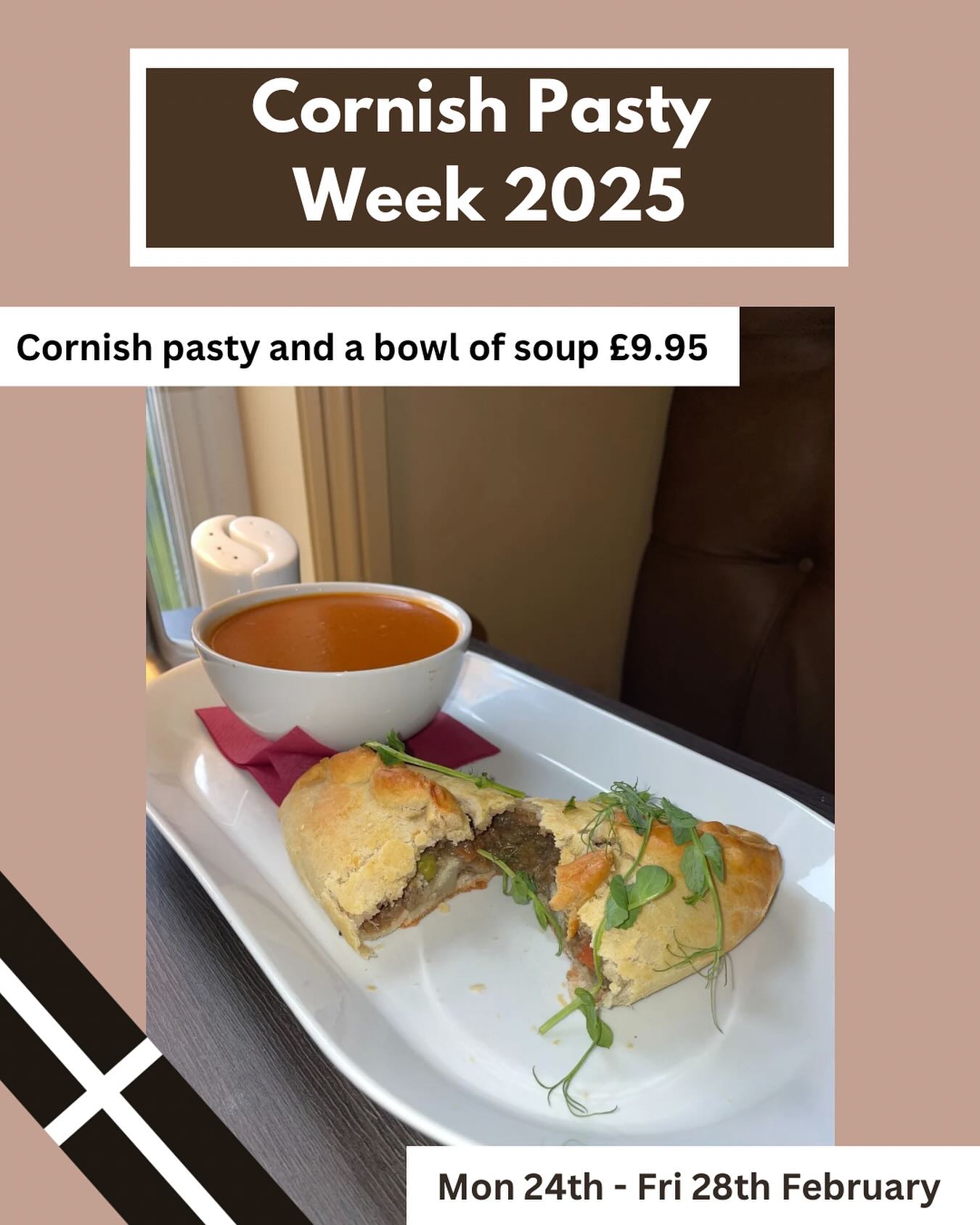 Did you know that next week is Cornish pasty week!!🤍
From Monday the 24th to Friday the 28th, you can enjoy a traditional Cornish pasty with a warming bowl of homemade soup for £9.95!
Lunchtime offer only! From 12-3pm
Pre-booking essential quoting ‘Cornish pasty week’