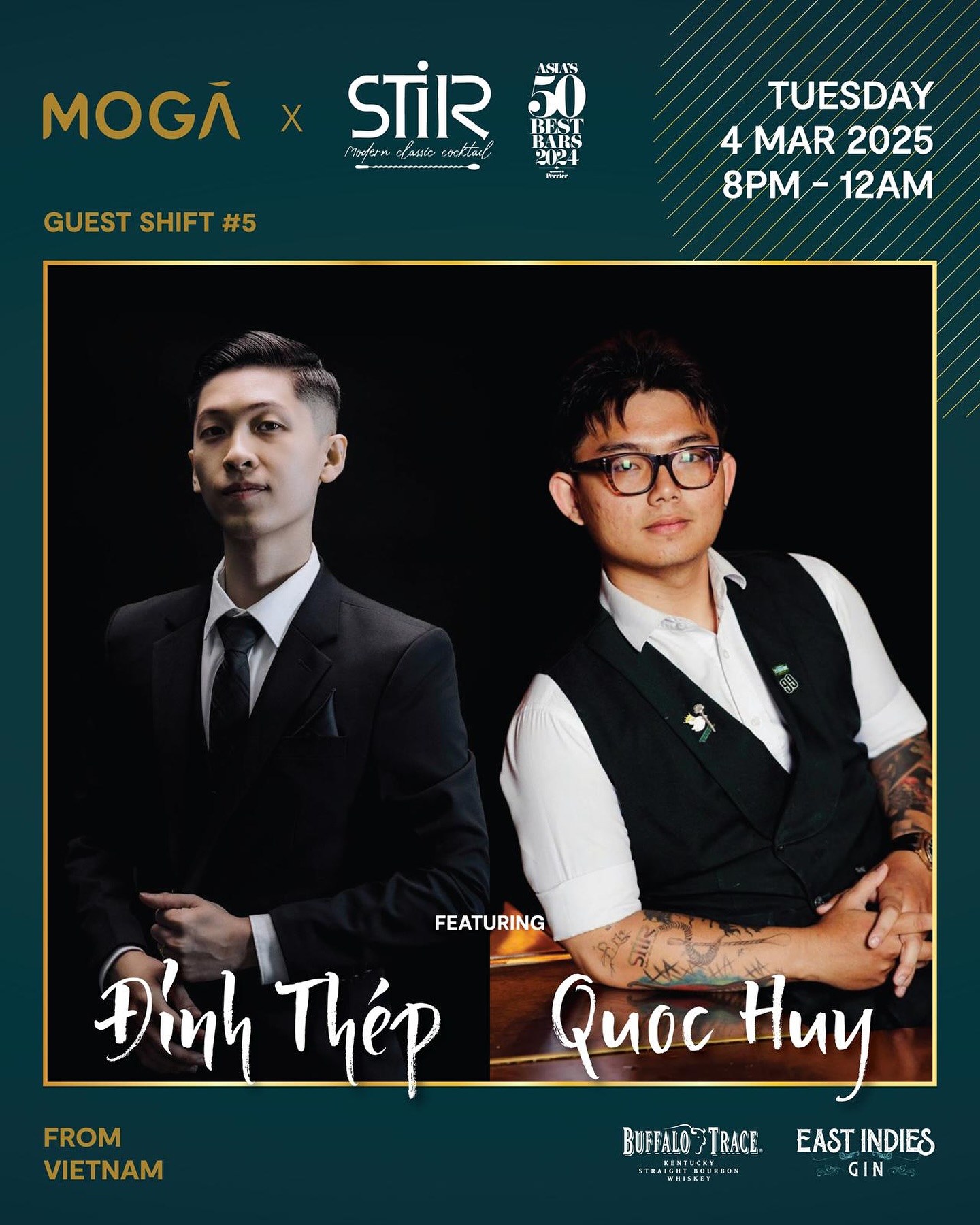 We got another guest bar shift at @moga.sg coming on Tuesday March 4th at @pullmansghillstreet 🙌 We will welcome Ðinh Thép and Quoc Huy from @stir.saigon (#58 in Asia’s 50 Best) mixing some cocktails with @buffalotrace and @eastindiesgin