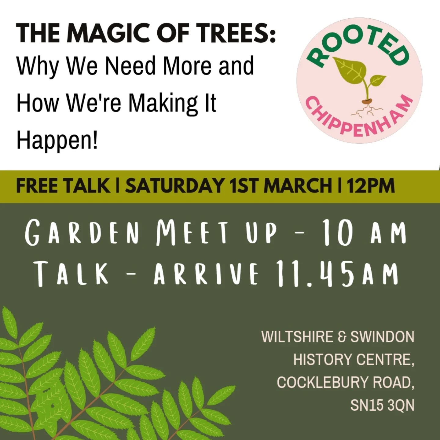 Regular Garden Meet Up, followed by a FREE TALK with Ben Raskin from The Soil Association ✨🌳
We’re holding our monthly Rooted Chippenham garden meet-up from 10am to 1pm on Saturday 1st March 2025, and we’d love you to come and join us! There will be plenty of gardening activities for all ages, abilities and experience, as Spring fast approaches in the garden. 🌱
We’re excited to share that we’ll also be presenting a talk inside the Wiltshire and Swindon History Centre at 12pm, including special guest speaker Ben Raskin.
Ben Luger from Rooted will present an introduction to our new Community Tree Nursery, including how it will operate, our progress so far and the volunteer opportunities available throughout the year that we’d love you to get involved in! 🌳
We’re pleased to also welcome Ben Raskin, Head of Horticulture and Agroforestry at the Soil Association, who will explore the magic of native trees and hedgerows, explaining how they can positively impact our local community. 🙏🏽
There will be plenty of opportunity to ask any questions you have.
Feel free to join us at 10.00am to lend a hand in the garden, or arrive by 11:45am if you’re only attending the talk. We’re looking forward to a day filled with growth, learning, and community spirit - we hope to see you there! 🌞