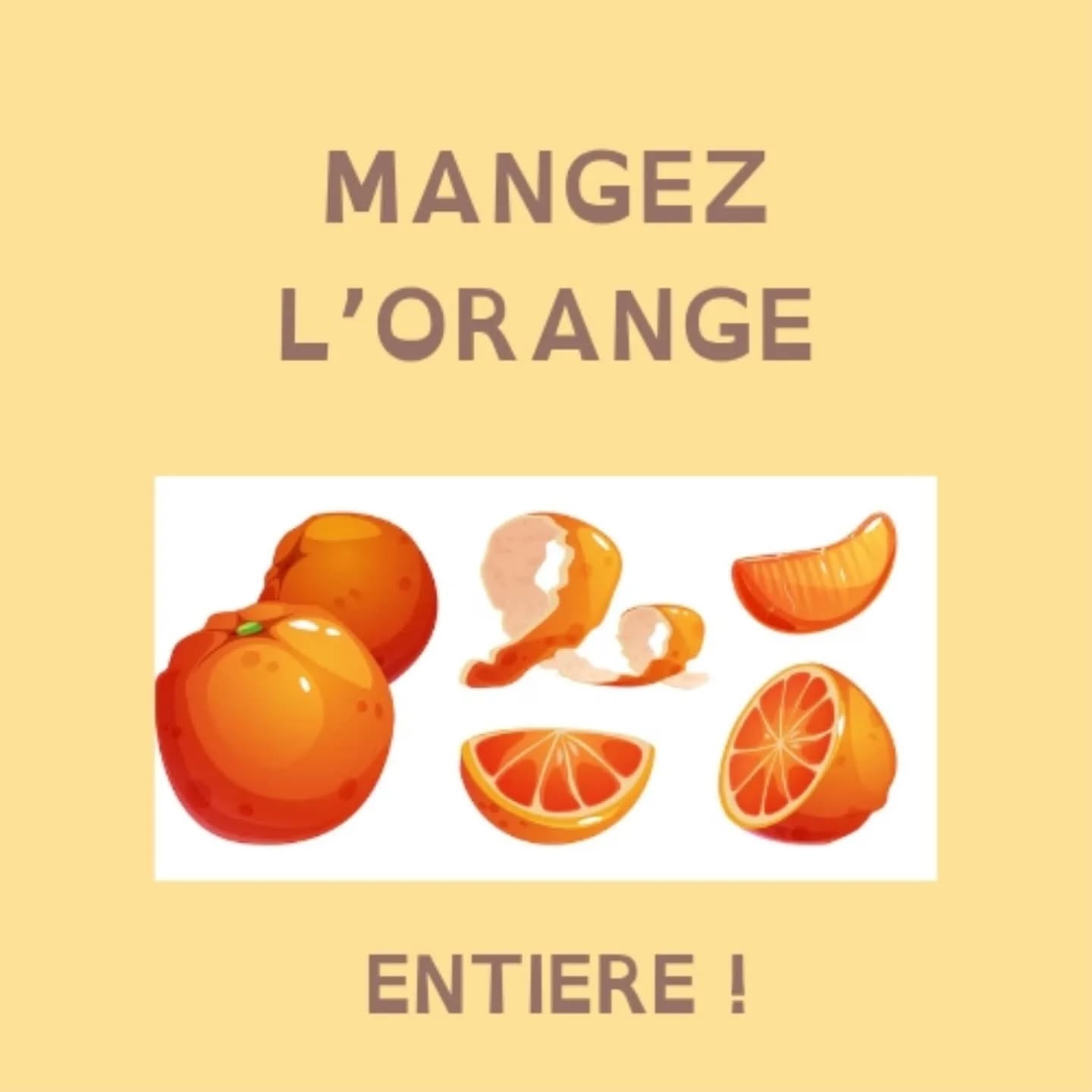 Le jus de fruit pasteurisé (en brique ou en bouteille) ne contient presque plus de vitamines C car celles-ci sont très sensibles à la chaleur 🙁. Aussi, les fruits pressés sont débarrassés de leur pulpe... ce qui est bien dommage puisqu'elle représente une bonne partie des fibres !
C'est pour ces raisons que l'ANSES classe désormais les jus de fruits dans la famille des produits sucrés (pour le plaisir 🙂)
QUAND JE DIS ENTIÈRE, CE N'EST PAS AVEC LA PEAU ! 🤣