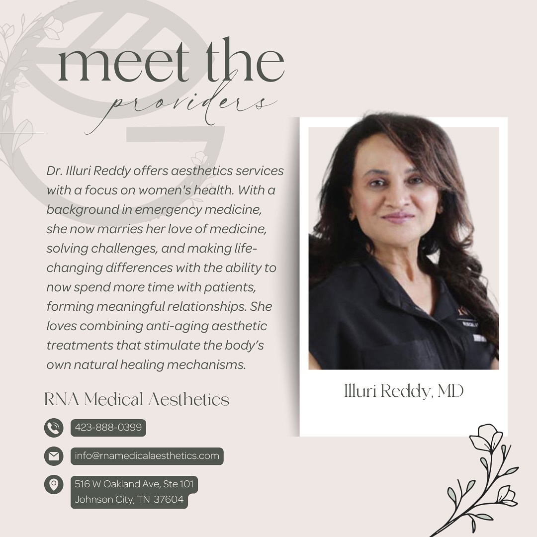 ✨ Meet Dr. Illuri Reddy ✨
With a background in emergency medicine, Dr. Reddy has always been passionate about solving challenges and making life-changing differences. Now, she’s bringing that same expertise and care to aesthetic medicine, with a special focus on women’s health, at RNA Medical Aesthetics. 💖
What sets her apart? Dr. Reddy combines advanced anti-aging treatments with the body’s natural healing mechanisms, helping women feel confident, radiant, and rejuvenated—inside and out. 💫
She loves the ability to form deeper connections with her patients, spending time to understand their goals and provide treatments that enhance their natural beauty while supporting long-term health. 🌱
We’re so happy she is a part of the Grove. Learn more about Dr. Reddy and @rnamedicalaesthetics at:
📞 423.888.0399
💻 www.rnamedicalaesthetics.com
📧 info@rnamedicalaesthetics.com
#IlluriReddyMD #GroveHealthCollective #AestheticMedicine #WomensHealth #NaturalBeauty #AntiAging