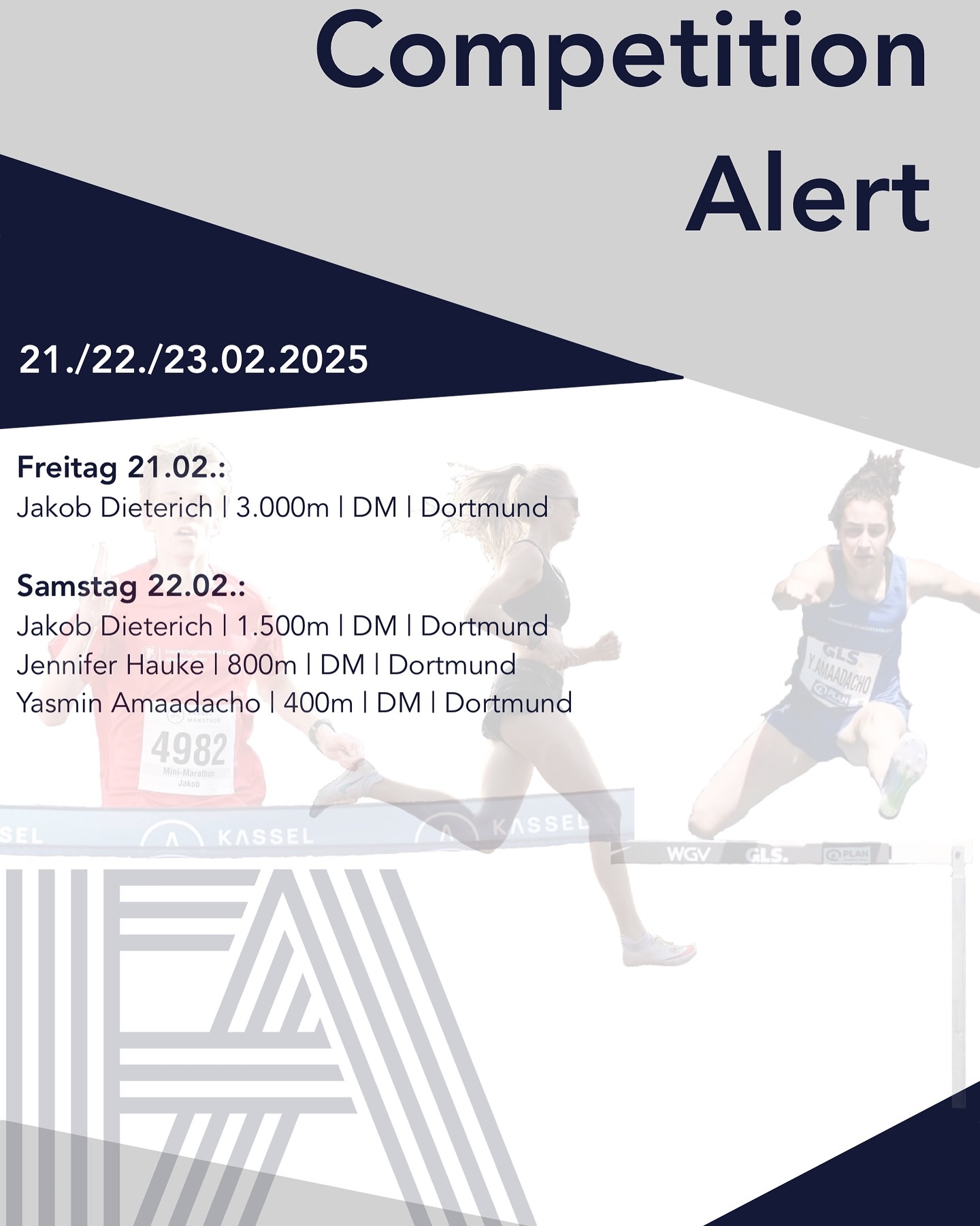 Ab heute beginnen die Deutschen Leichtathletik Meisterschaften und @jakob_dieterich startet direkt über 3000m. Morgen wird er dann auch noch über 1.500m an den Start gehen. 💪
Ebenfalls aktiv sind @jenniehauke über 800m und @yasmin.amaa über 400m! 🔥🔥
Wir wünschen unseren DM Startern, sowie allen anderen @germanyathletics Teilnehmern viel Erfolg und freuen uns auf tolle Ergebnisse!
#fa #frankfurtathletics #germanyathletics