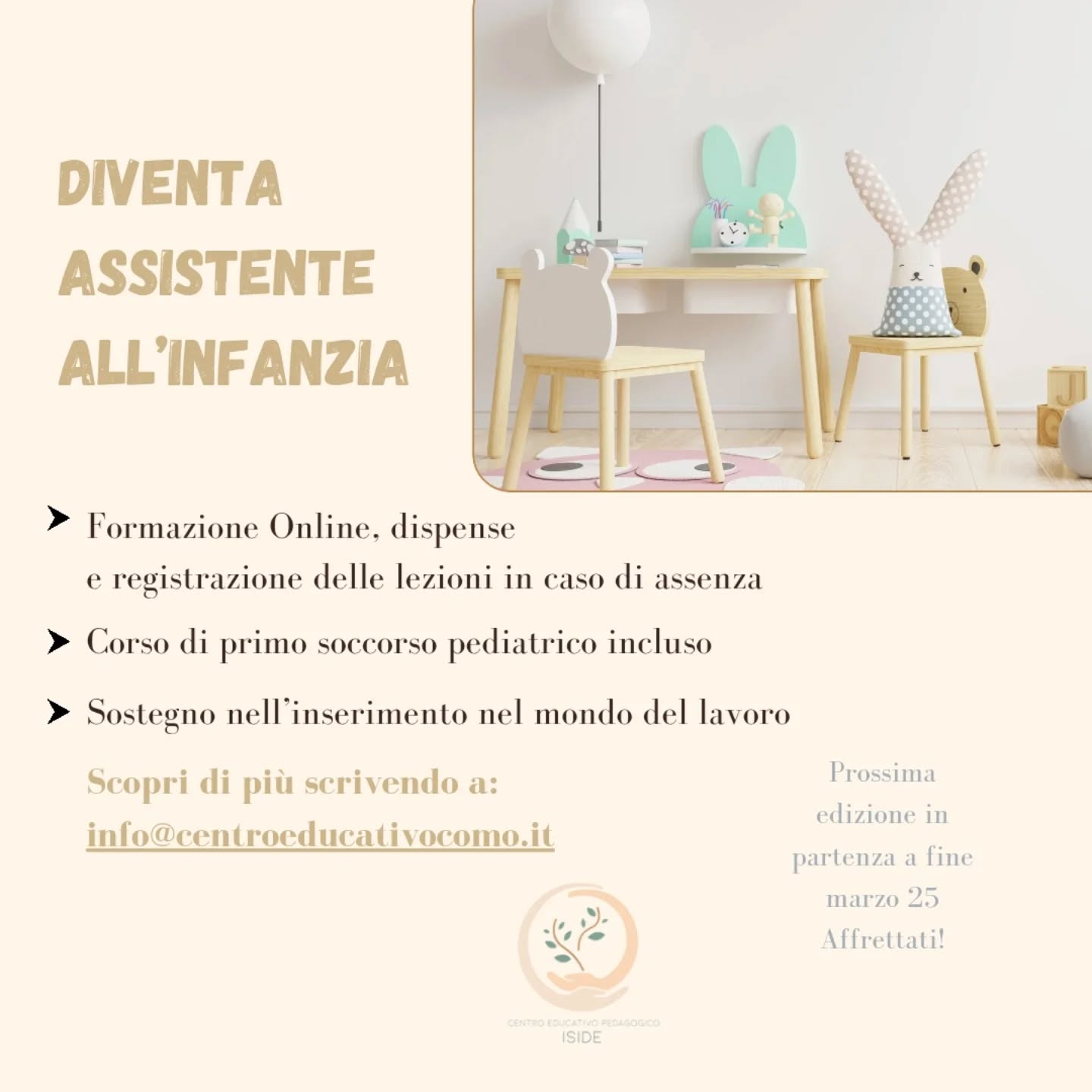 𝗔𝘀𝘀𝗶𝘀𝘁𝗲𝗻𝘁𝗲 𝗮𝗹𝗹'𝗶𝗻𝗳𝗮𝗻𝘇𝗶𝗮
Corso di formazione ONLINE !!
Ancora qualche posto disponibile per l'edizione 2025 in partenza a fine Marzo !
Primo soccorso pediatrico e BLS incluso!
Scopri tutti i 16 moduli, le modalità di stage e le opportunità lavorative!
Visita il sito
www.centroeducativocomo.it
Oppure scrivi un email a:
Info@centroeducativocomo.it
Ti aspettiamo!
#pedagogia #educatori #bambini #infanzia #tata #puericultura #nido #como