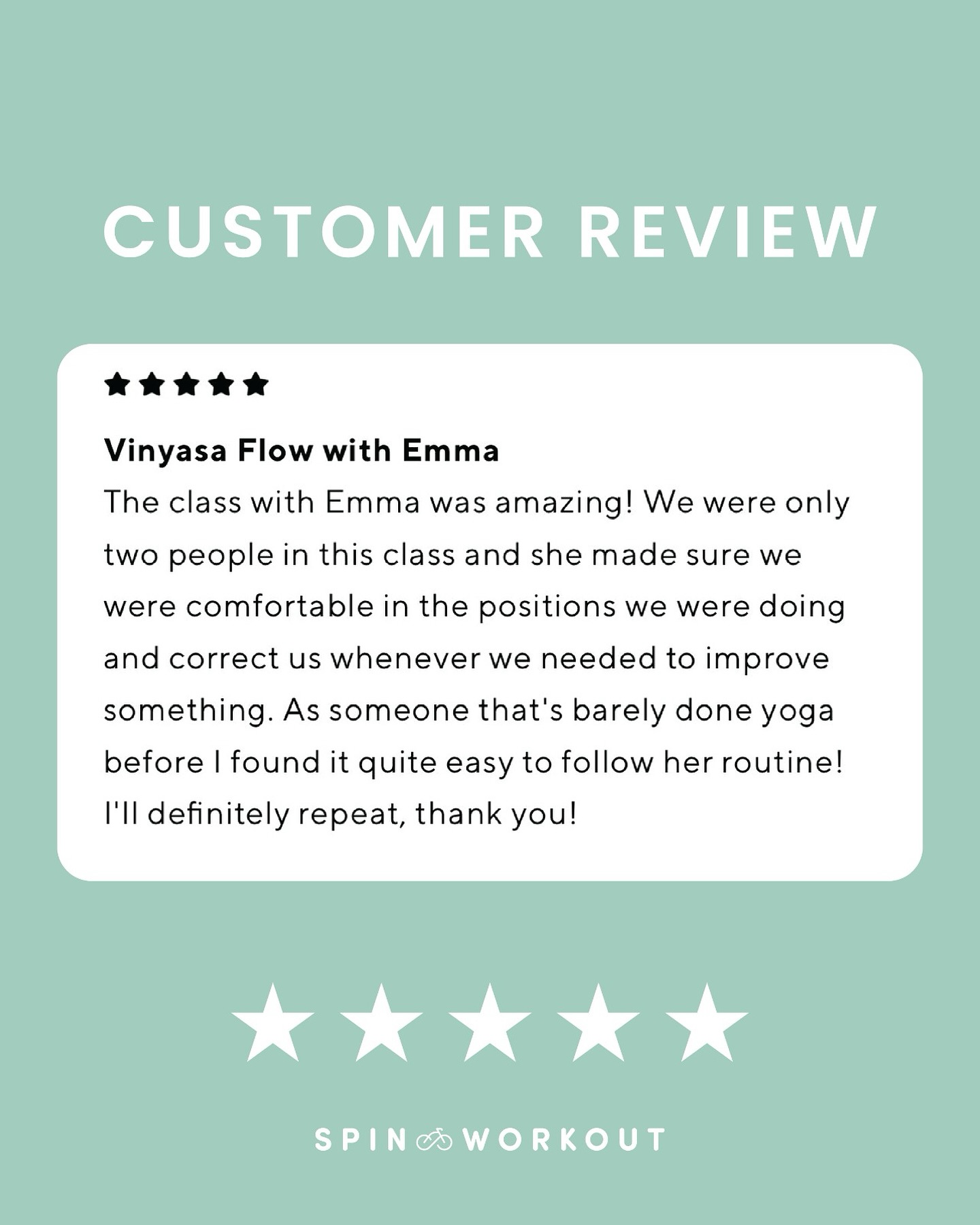 ⭐️⭐️⭐️⭐️⭐️
We love to hear what you think of our classes and it helps other people find us, so don’t forget to leave us a review!
Thank you to everyone that’s trying out our new classes in The Studio at Spin&Workout!
#spinandworkout #yoga #review