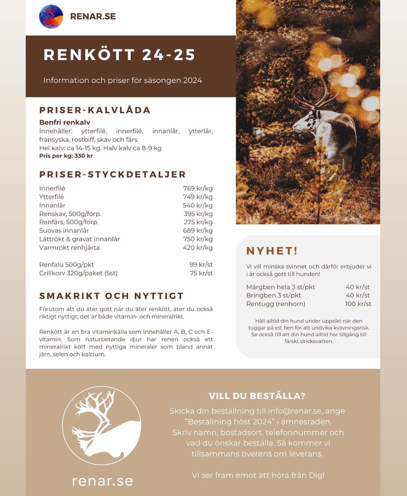Delar och tipsar om en renskötande familj från Härjedalen som snart planerar in en leverans med renkött till Göteborgsområdet, läs mer nedan⬇️
Hej!
Vår familj säljer renkött från Härjedalen och kommer ner med en leverans till Göteborgsområdet.
Vi erbjuder benfria hel- och halv-lådor av renkalv med ytterfilé, innerfile, innanlår, ytterlår, rostbiff, fransyska, renskav och färs.
Hel ca 13-14kg. Halv ca 8-9kg
Pris 330kr/kg
Vi har även ett begränsat antal styckade på traditionellt samiskt vis, det är från fina vajor där bogen är gjord till skav. I övrigt är det ytterfilé, innerfilé, rygg till kokkött, hel bringa, sidor, benfri stek uppdelad i bitar, märgben och färs.
Vikt: 33-36 kg
Pris: 230 kr/kg
Vi har även rentunga, 4-6 st/förpackning, samt renhjärta 4-6 st/förpackning.
Planerad leverans vecka 10.
Vill ni veta mer om vad vi gör se vår hemsida: renar.se
Intresserad och vill veta mer?
Kontakta Sunna på info@renar.se / 076810087