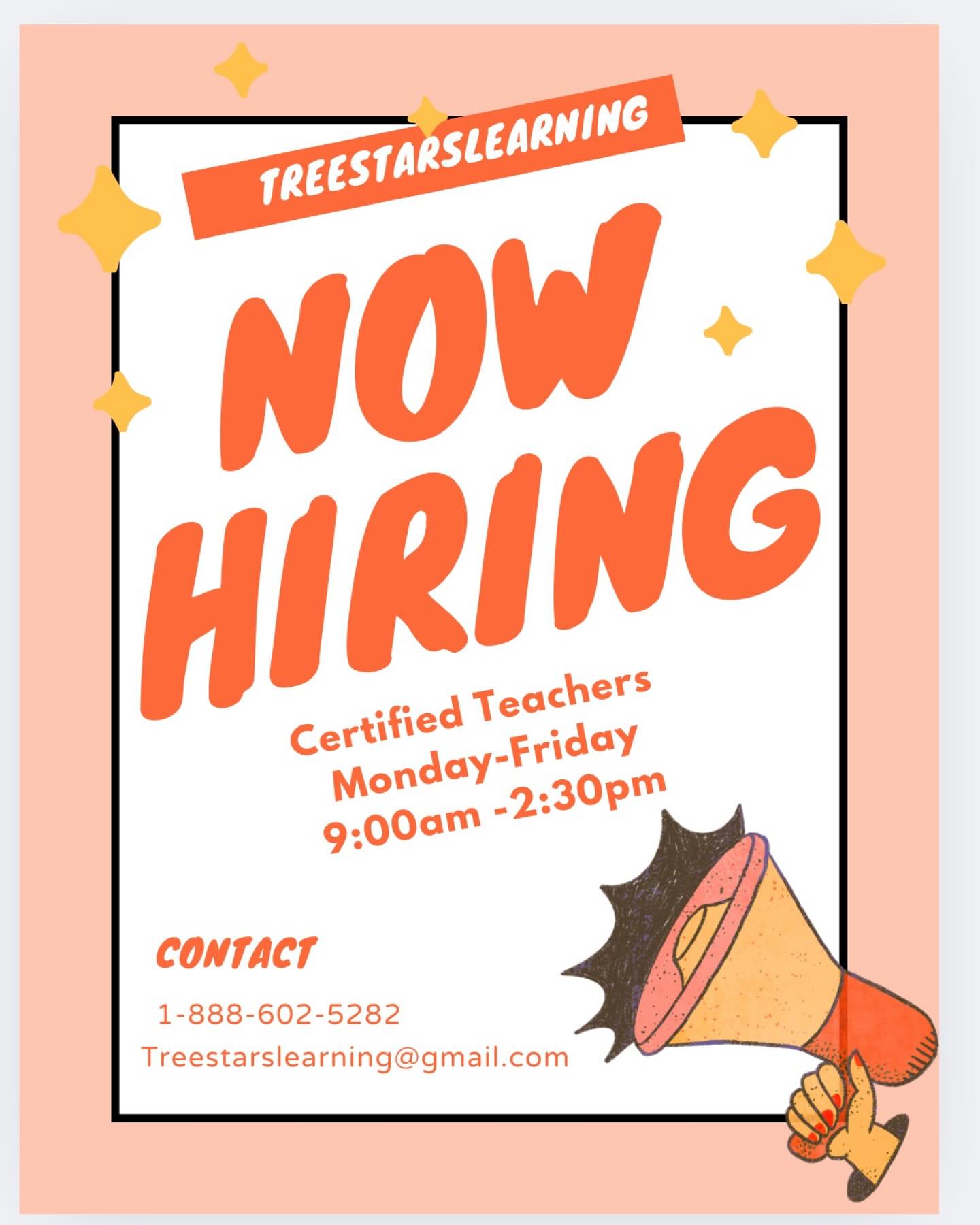 🌟 We’re Hiring! 🌟
Are you passionate about education? Looking for a supportive and engaging environment where you can truly impact students? Then you’re the perfect fit for TreeStars Learning Microschool!
At TreeStars Learning, we provide a nurturing, small-classroom setting where students receive personalized instruction. Our innovative micro school fosters a love for learning while maintaining a low student-to-teacher ratio.
We’re Looking For:
📚 A certified teacher who is dedicated, passionate, and ready to make a difference.
What We Offer:
✅ Flexible scheduling
✅ The opportunity to truly make a difference
✅ Tuition discounts for your children
Why Join Us?
Make a lasting impact in education and be part of a team that values creativity, engagement, and student success!
📩 Apply Today! Send your resume to TreeStarsLearning@gmail.com
#HiringTeachers #EducationMatters #MicroSchool #TeachingJobs #NowHiring