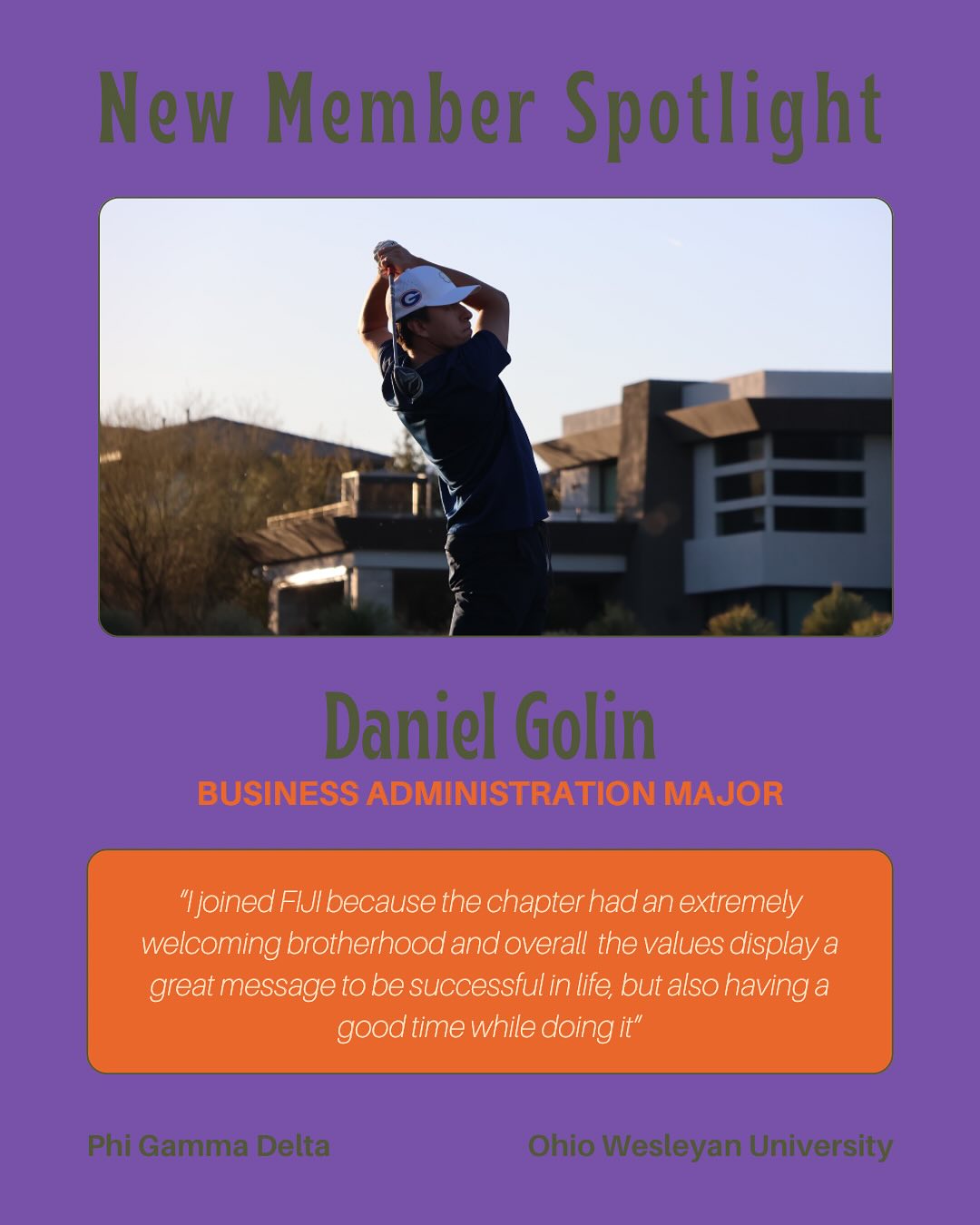 *New Member Spotlight*
Welcome to FIJI Daniel! Daniel is part of the OWU Golf team, and majoring in Business Administration. He wants to be as happy as possible by being as successful as he can.
.
Part of the ship, part of the crew 🟪