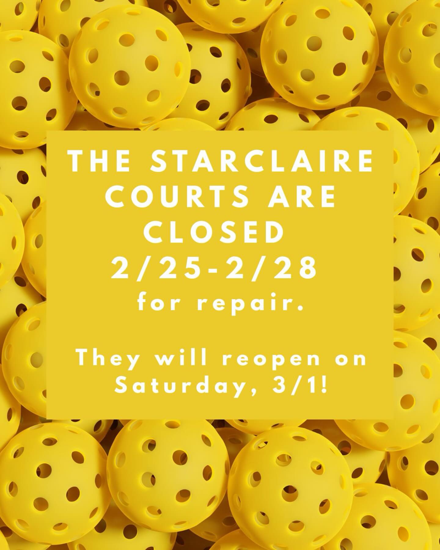 the courts are CLOSED today - friday for surface crack repair! we apologize for the late notice - the forecast for the next few days was too good to not take advantage of to ensure the courts are ready for spring use. we’ll be open again SATURDAY, 3/1!
