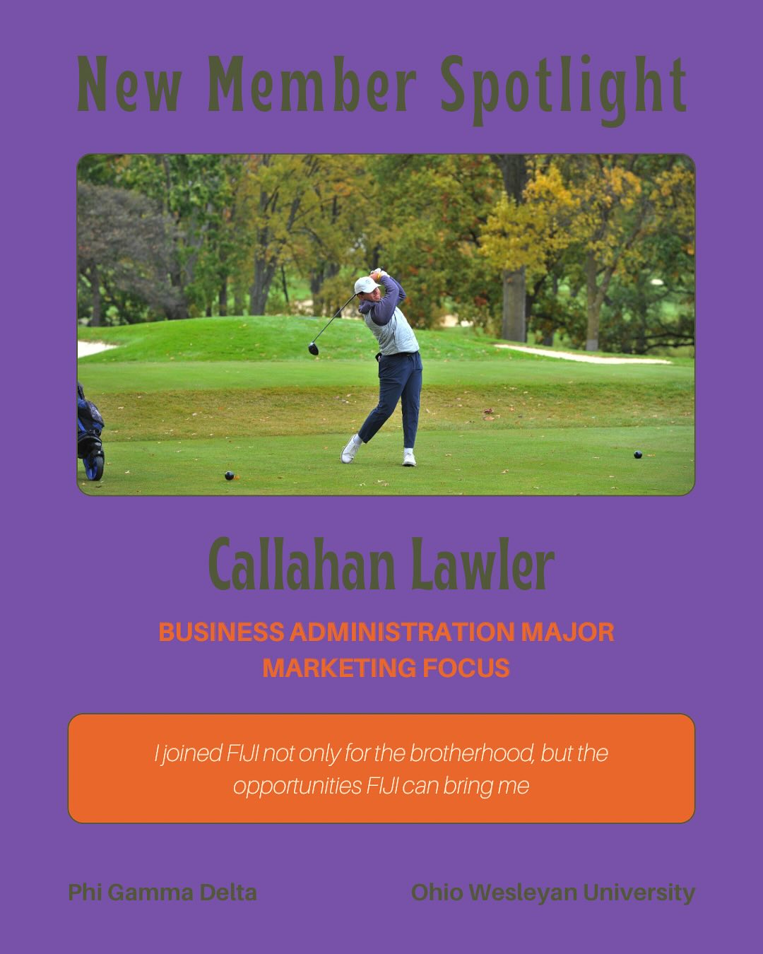 Welcome to FIJI Callahan. Another member of the golf team ⛳️ We’re excited to see what he has to offer to FIJI. Good luck and hope you enjoy being part of this fraternity 🟪