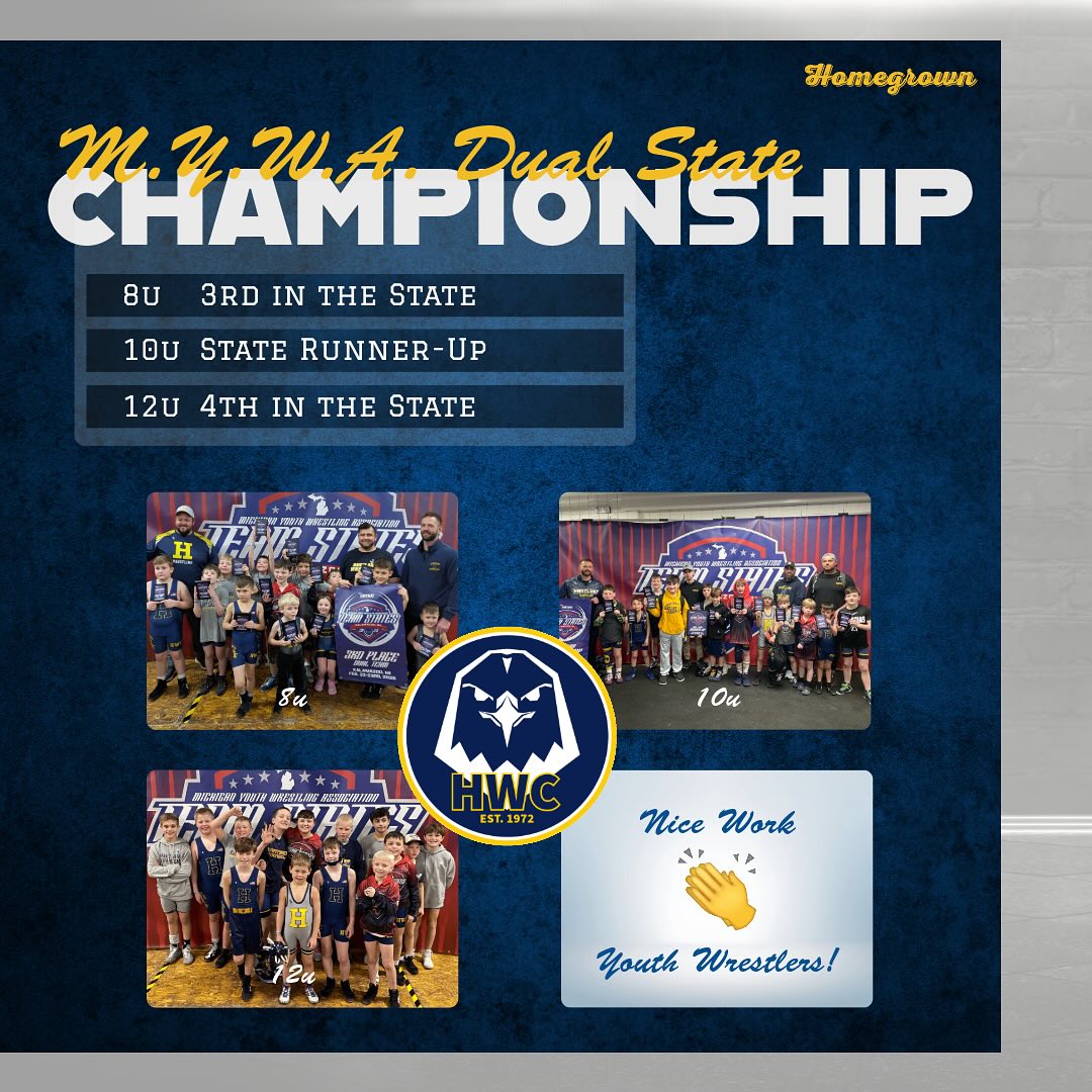 🏆 HWC Soars at Michigan Youth Wrestling Association Dual State!🏆
The Hartland Wrestling Club battled hard at Team State this weekend at Kalamazoo Wings Event Center placing:
8u - 3rd in the State
10 u - state runner up
12 u - 4th in the State
The dedication, grit, and heart these athletes showed on the mat were nothing short of incredible.
Thank you to our coaches, families, and fans for the unwavering support all season long. These teams have made our community proud!
Drop a 👏 in the comments to celebrate their hard work!
#hartlandwrestling #homegrown #myway #teamstate #HWC