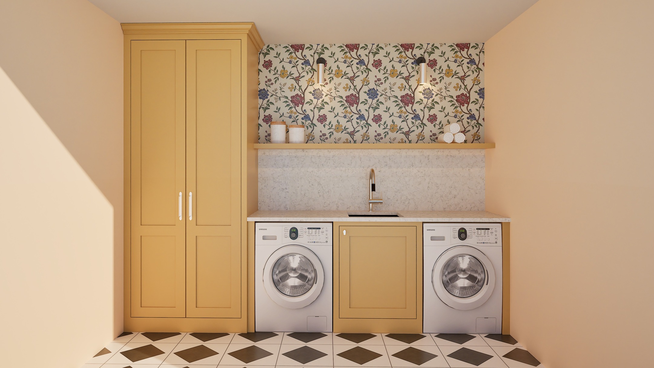 Who says a utility room has to be boring? 👀 In Dubai, where space is precious, a well-designed utility room can be both stylish and functional. Add a pop of colour, experiment with door styles, or swap standard handles for something unique. Open shelves, statement wall lights, and smart storage can transform even the smallest space. Because laundry deserves a little luxury too!
.
.
.
#utilityroom #utilityroomdecor #utilityroominspo #utilityroommakeover #utilityroomideas #laundryroomgoals #shakercupboards #utilityrooms #yellowcabinets #floralwallpaper
