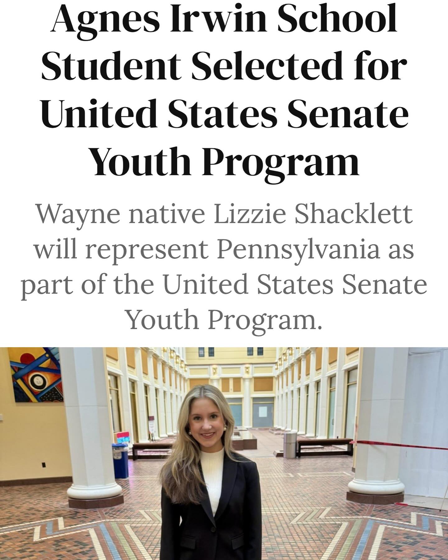 Thank you so much to Main Line Today for featuring my selection as a Pennsylvania delegate to the 63rd U.S. Senate Youth Program! I am honored to represent Wayne and the Commonwealth of Pennsylvania at the Capitol next week, and I could not be more excited to commence this incredible and life-changing opportunity! 💫🥰
To read the full article, please visit the link in my bio.