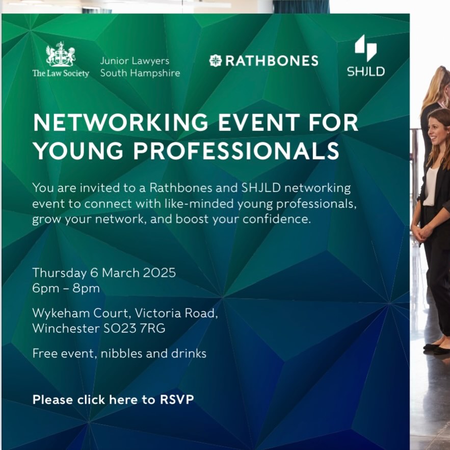 🌟 Networking Event for Young Professionals! 🌟
The South Hampshire Junior Lawyers Division are excited to be running a networking event for young professionals in collaboration with Rathbones Group Plc, to be held at their Winchester office 🎉
🗓️ When: Thursday 6th March 2025 | 6PM - 8PM
📍 Where: Rathbones Winchester Office, Second Floor, Wykeham Court, Victoria Road, Winchester SO23 7RG
This event will provide you with an opportunity to connect with like-minded young professionals, grow your network and boost your confidence. Drinks and nibbles will be provided.
🎟️ This is a free event but to secure your place please book on at the link below: https://lnkd.in/eFfnXecU