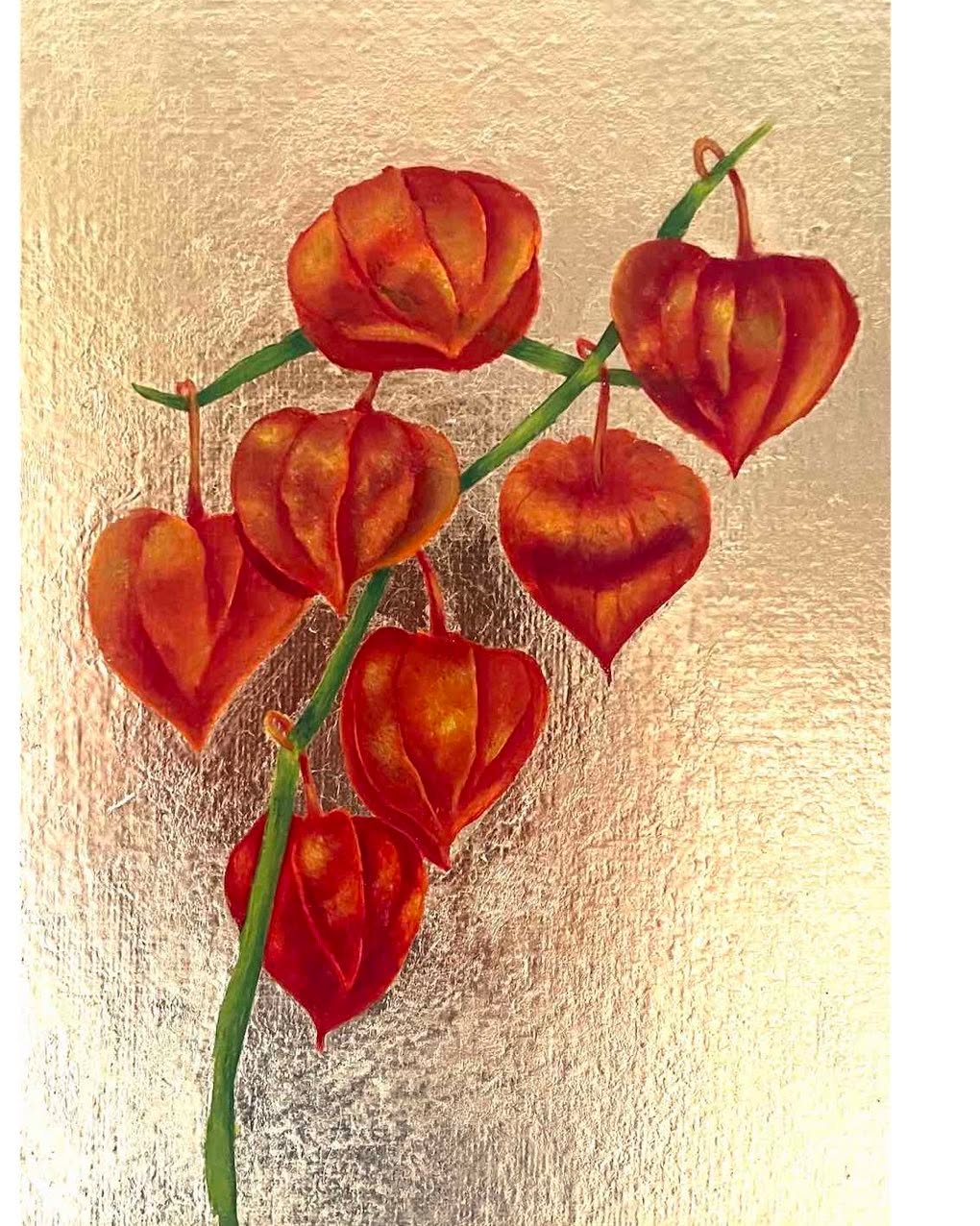 Stem of Chinese Lanterns (in Open Eye Gallery Small Scale exhibition) created using oil paints on gold leaf. This is a difficult piece to photograph with all the reflections bouncing off the shiny gold leaf. I especially love the way this type of painting “glows