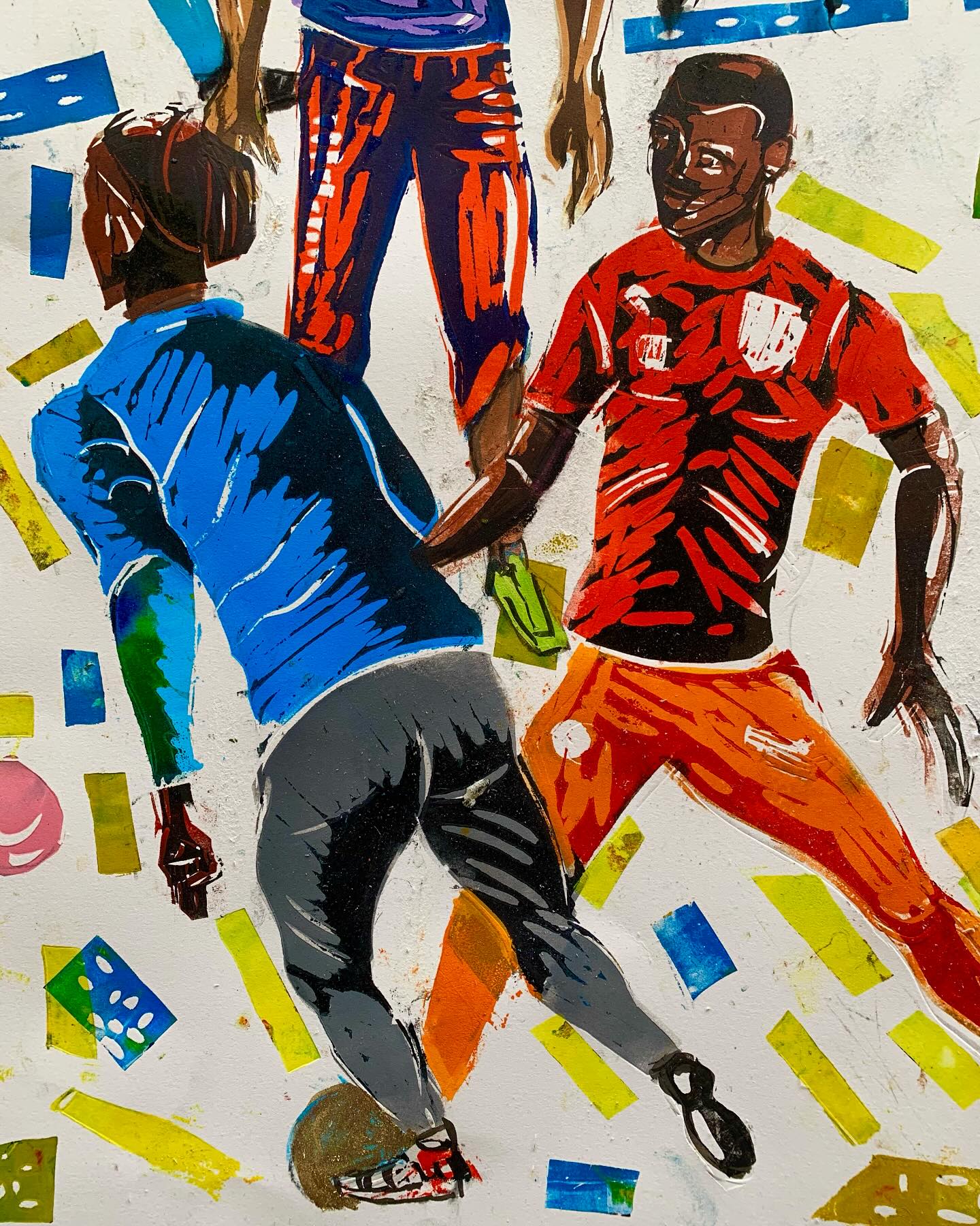 The Saturday kick around . Detail from a new #linoprint . This print was inspired by a group of young men playing football during a walk around #myattsfield my local park here in #brixton . Assembling the piece was tricky because each of the figures was printed separately . It has some had colouring in too which gives the piece a painterly feel too. #lino #printmaking #printmaker #footballinthepark #artandsport #contemporaryart #makingprints #print #prints