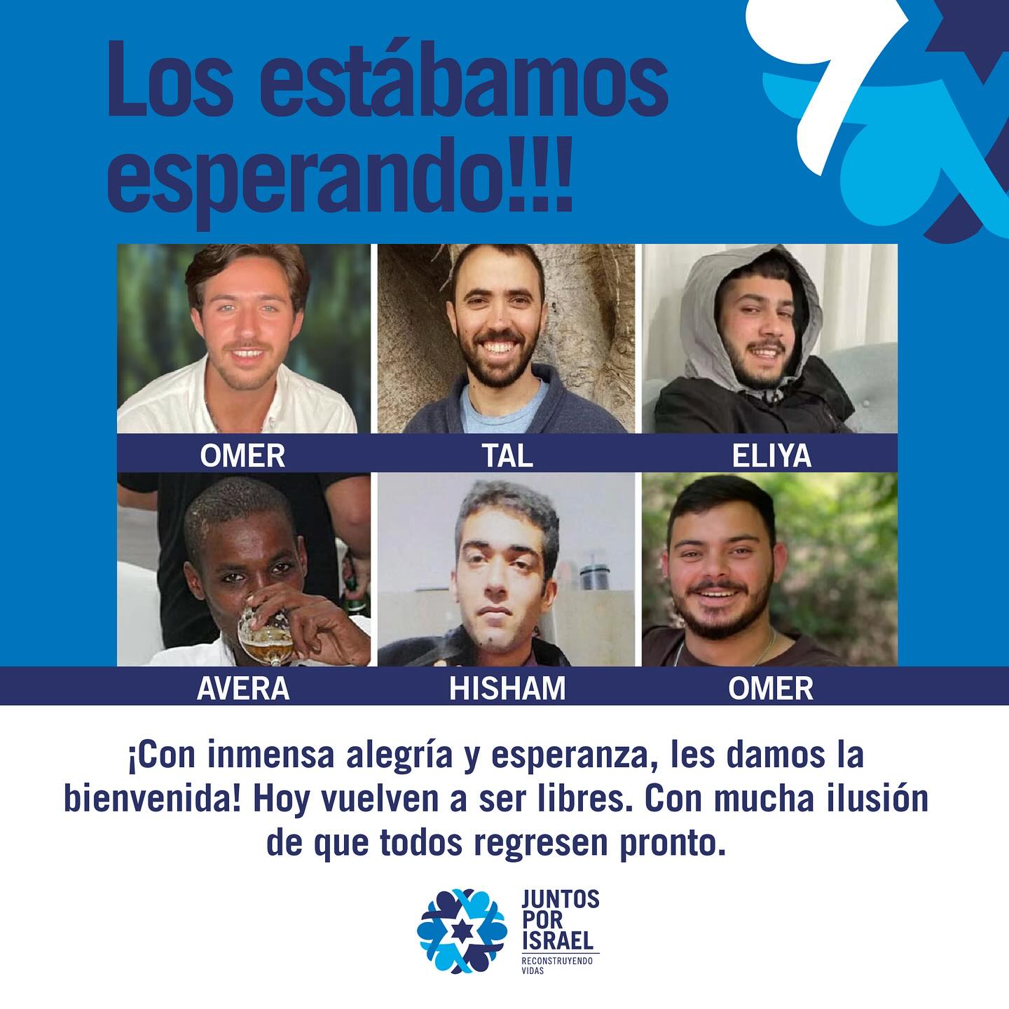 Vivimos días de inmensa angustia, cada liberación es una bocanada de aire. Hisham y Avera esperaron Más de 10 años los abrazos que hoy por fin llegaron. Más de 500 días desde el fatídico 7/10 que puso en pausa las vidas de Omer, Tal, Eliya, Omer y sus familias.
Cuesta mucho entender cómo puede ser que esto suceda y el mundo le de la espalda.
La lucha por recuperar hasta el último secuestrado sigue intacta. Hasta que todos vuelvan seguiremos alzando la voz. 🎗️
Bienvenidos a casa 🇮🇱