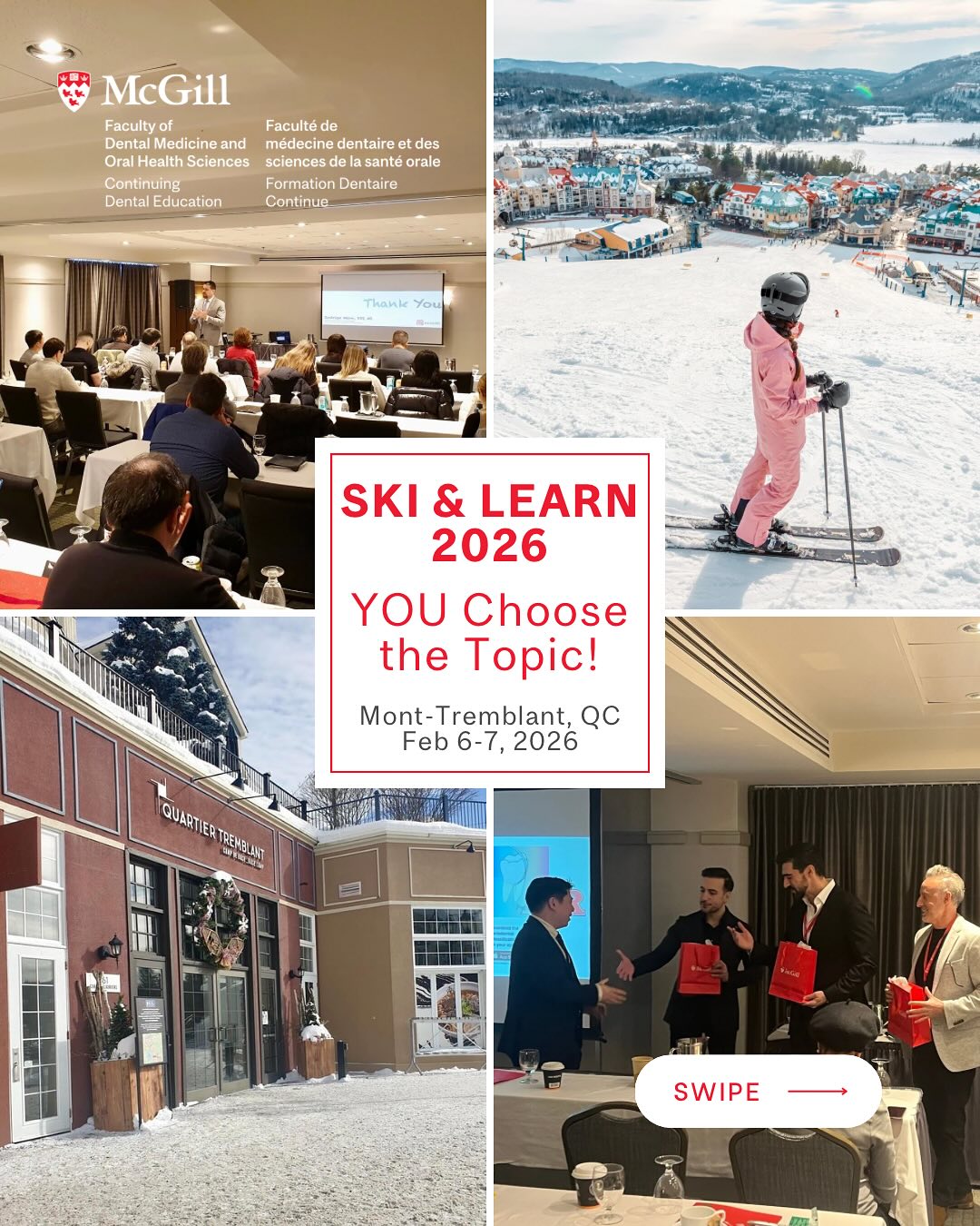 Ski & Learn 2026 – YOU Choose the Topic! 🎿❄️
We’re planning for Ski & Learn 2026, and we want YOUR input! 🤩
Tell us what topic you’d love to see at the next Mont-Tremblant Ski & Learn Seminar, and if your suggestion wins, YOU GET TO ATTEND FOR FREE! 🎟️🔥
HOW TO ENTER:
1️⃣ FOLLOW @mcgill_cde & like this post ❤️
2️⃣ COMMENT your suggested topic for Ski & Learn 2026 🗣️
3️⃣ SHARE this post on your story & tag us!
The selected topic will be part of our 2026 edition, and the person who suggested it will win a FREE spot at the event! ⛷️🏔️
Deadline to enter: March 13, 2025
Don’t miss your chance to help shape next year’s event—drop your ideas below in the comments! 👇
Register now: https://cvent.me/B9dKY5
#McGillCDE #SkiAndLearn2026 #DentalEducation #MontTremblant #DentistryCE #DentistLife #LearnAndSki #Giveaway