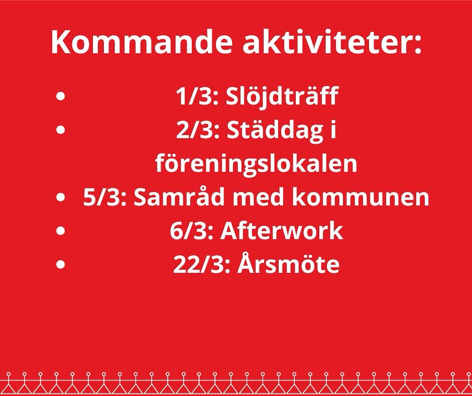 Här är några av de kommande aktiviteterna i föreningslokalen:
1/3 kl 11 - Slöjdträff i föreningslokalen. De som deltog på sjalkursen har planerat in en till träff för att fortsätta göra sina sjalar, men andra är såklart välkomna att vara med och jobba på sina egna duodji-projekt.
2/3 kl 12 - Städdag i lokalen! Vi städar och fixar lite i lokalen, sen bjuds det på lite käk, förslagsvis beställer vi in några pizzor. Välkomna!
5/3 kl 17-19 - Samråd med kommunen i lokalen. Mer information om detta kommer ut i ett eget inlägg.
6/3 kl 18 - Afterwork i föreningens lokal! Ta med glatt humör, något gott att dricka om du vill det, och sen bjuder vi på pizzor eller något annat gott att äta. Kom dit och lyssna på samisk musik, träffa lite folk och ha det trevligt. Vi kan även sätta igång någon film ifall det skulle önskas.
22/3 - Årsmöte. Kallelse kommer att gå ut på mail senast två veckor innan mötet. Vi söker även folk till styrelsen, så ifall man är intresserad av att vara med och planera och genomföra föreningens verksamhet kan man kontakta oss så vi kan meddela valberedningen, eller så kan man helt enkelt komma till årsmötet och uttrycka sitt intresse.