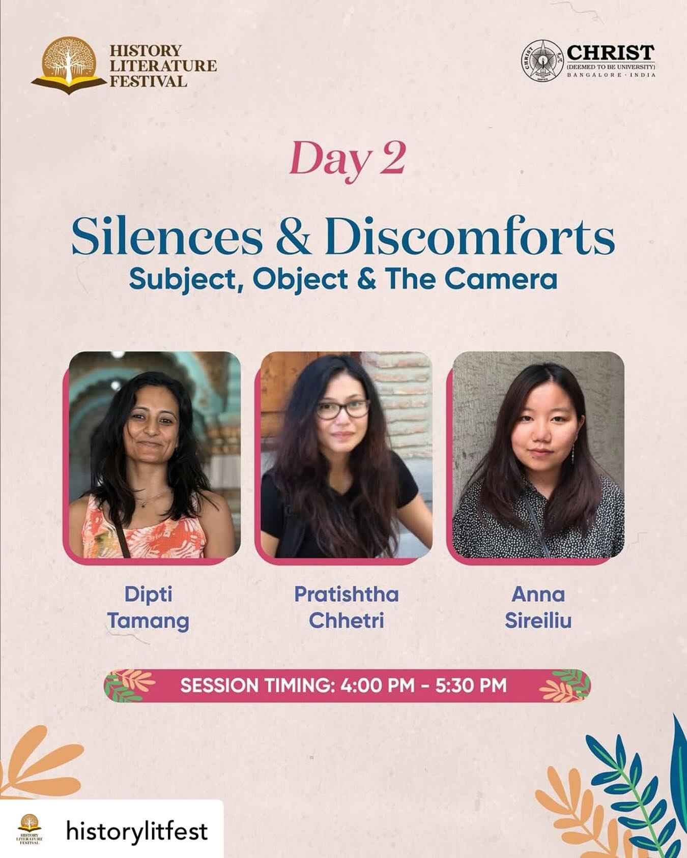 @diptitamang7 Dipti Tamang is representing us at @historylitfest along with @pratishthachhetri @sireiliu
What does the camera capture, and what does it leave unsaid? Explore the power of silence in visual storytelling.
📍 Christ University, Bengaluru
🗓️ 1st March
⏳ 4:00 PM - 5:30 PM
🎤 Dipti Tamang | Pratishtha Chhetri | Anna Sireiliu
#HistoryofBusiness #Staytuned #Comingsoon #IndianHistory #BangaloreCity #HistoricalNarratives #HistoryLitFest #HLF #HistoryLiteratureFest #LitFest