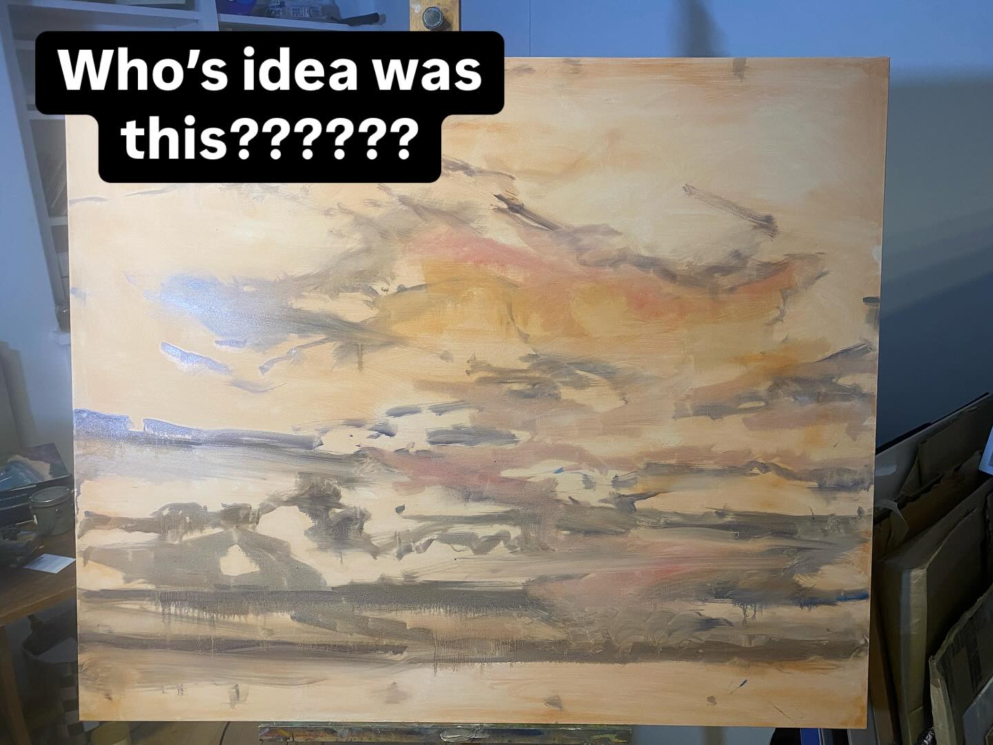 So I was really really excited to be asked to paint this huge commission ( 120x100) of a dusky sky in Wester Ross. Now I am really really wondering what I have let myself n for…
….Again 🤣🤣…..
I do really love painting these big Skyscapes with big brushes and, hopefully, loose style. its just at this stage I always struggle with envisaging in the final painting, ie what i am aiming for? . Maybe thats a good thing? Less prescriptive?
But it is slightly messing with my brain!!
#wip #gettingthereslowly #commissionpainting ##nc500 #gairloch #westerross