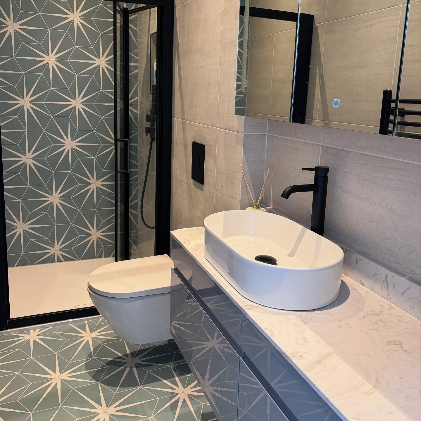 Master bedroom bathroom, at the Blush and Brass house project.