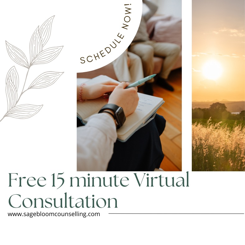 Schedule a FREE 15 min consultation to see if counselling is right for you. www.sagebloomcounsellling.com #traumatherapist #bccounsellor #onlinecounselling #virtualtherapysessions
