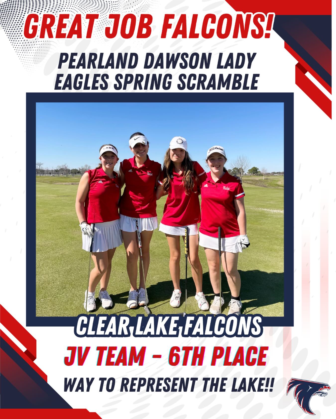 The JV team played in the Pearland Dawson Spring Scramble and finished in 6th place out of 28 teams!!
They finished with a 73!!!!
Great teamwork ladies!!!
Lauren H, Camila, Vicki, Izzy