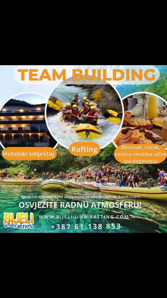 🌞 **Bijeli Una Rafting** - 30 godina iskustva, nezaboravnih avantura i osmijeha! 🚣♂️
Ove godine opet smo tu za vas – organizujemo team buildinge, pružamo udoban hotelski smještaj, bazen za osvježenje i tradicionalna jela bosanske kuhinje.
Planirate ljeto puno sunca, provoda i prirode? Mi smo vaš idealan partner! 🌿✨
📩 Rezervišite već danas i doživite nezaboravne trenutke na rijeci Uni!
🌐 www.bijeli-una-rafting.com/
#BijeliUnaRafting #Ljeto2025 #TeamBuilding #Avantura #Priroda #Sunce #OpustiSe