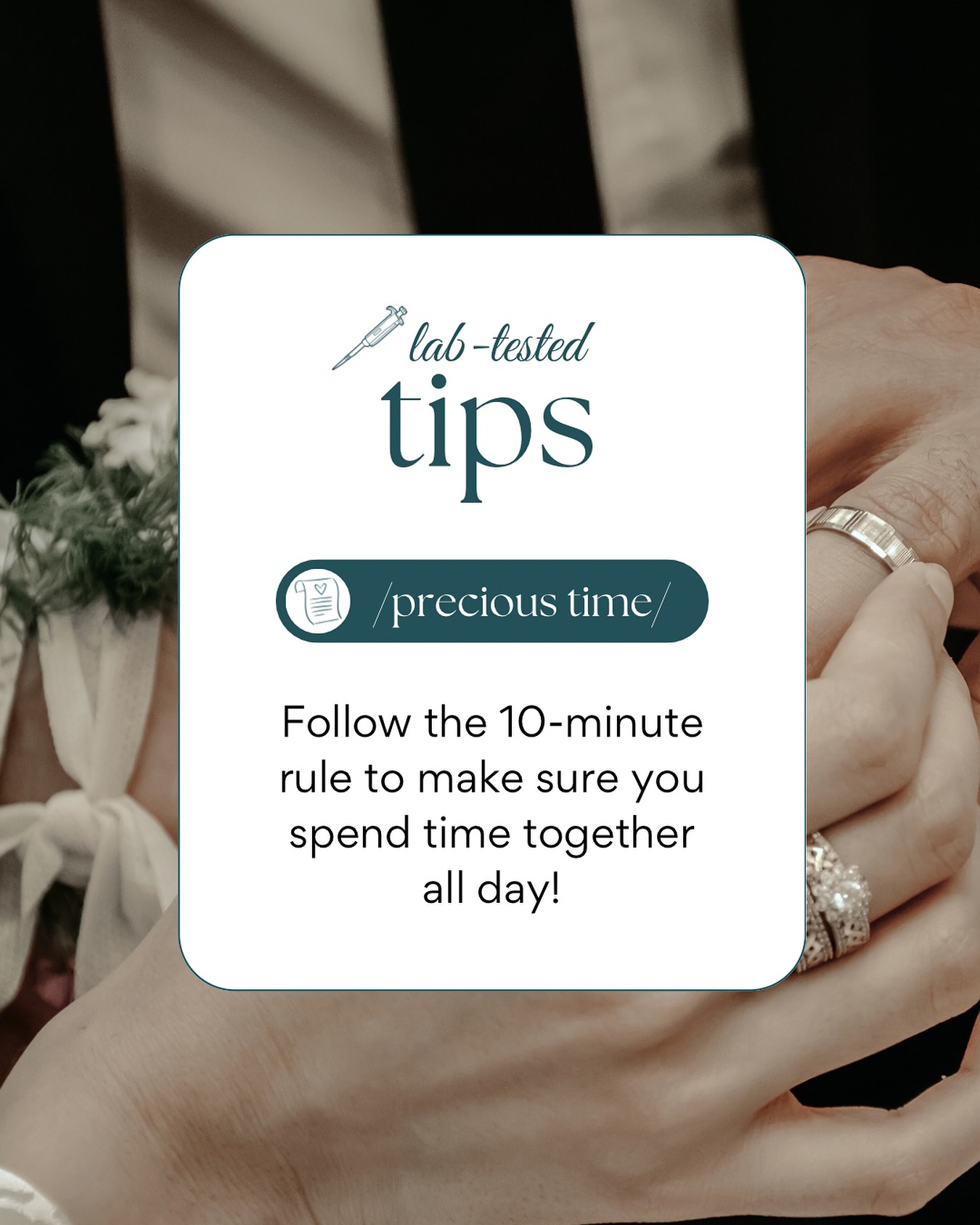 Your wedding day will fly by—so how do you make sure you actually experience it? Try the 10-Minute Rule.
🧪Lab-tested Tip🧪: Every few hours, pause for 10 minutes with your partner—just the two of you. Step away from the crowd, take a deep breath, and soak in the moment together. Watch your guests laughing, feel the energy of the day, and let it all sink in.
These little moments of stillness will become some of your favorite memories. 💛
Would you try the 10-Minute Rule on your big day? Tell us below! 👇
theweddinglab.ca | theweddinglabcanada@gmail.com | or through our DMs