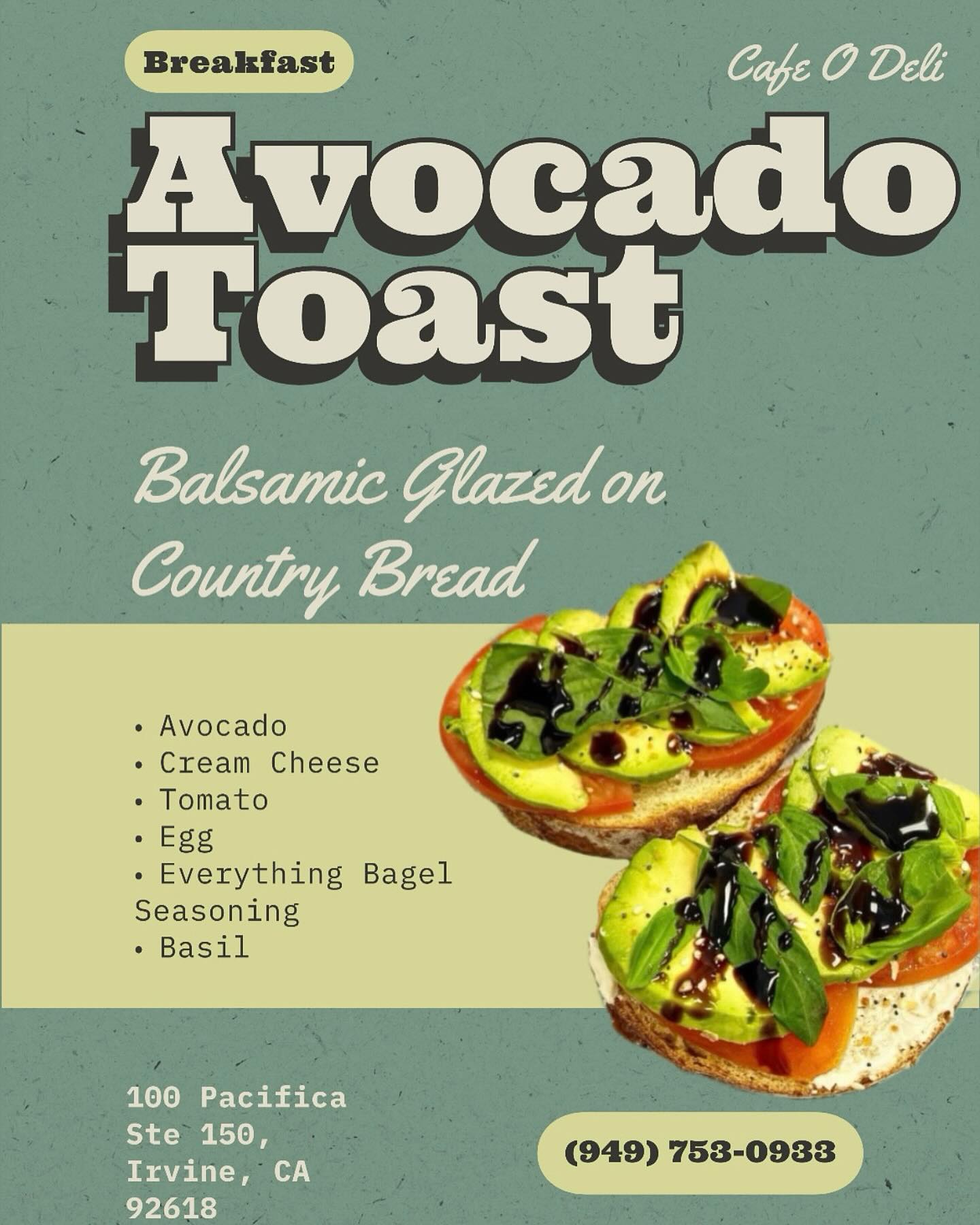 A simple yet delicious choice-try our avocado toast today!🥑🍞
#cafeodeli #avocadotoast #irvinecafe #breakfast #lunch #catering