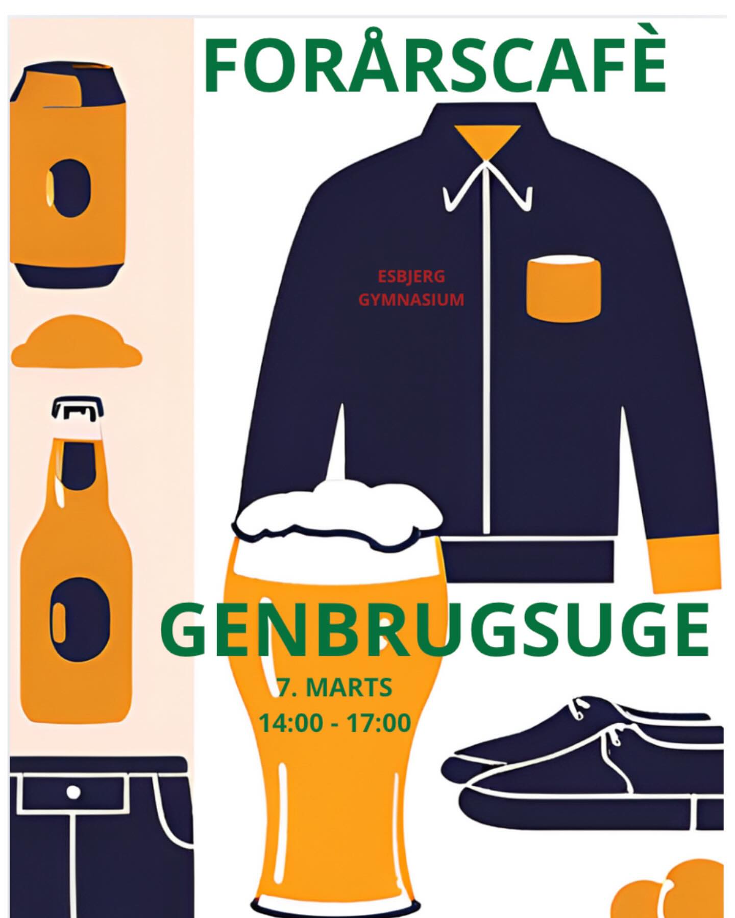 🎶🎉 Fredagscafé & Genbrugsdag på Esbjerg Gymnasium🍻🎶
Kom og vær med til en hyggelig og festlig fredagscafé den 7. marts kl. 14:00-17:00 på Esbjerg Gymnasium!🍷🥂🎵 Vi sørger for kolde drikkevarer, god stemning og masser af sjov, mens du samtidig kan gå på opdagelse i spændende genbrugsfund👕♻️. I forbindelse med Genbrugsugen vil der nemlig være små boder/standere, hvor du kan finde tøj, ting og andet godt, som du kan købe via MobilePay🤳💰. Imens kan du nyde en kold øl, en breezer eller en sodavand, mens skolens egne bands sørger for livemusik og god stemning🎸.
Så tag en ven under armen (personen behøver ikke at gå på skolen), kom forbi, og vær med til en hyggelig eftermiddag fyldt med god musik, genbrugsguld og iskolde forfriskninger på Esbjerg Gymnasium🎶♻️🍻.
Priser:
🍺 Øl: 13 kr.
🍹 Breezer: 15 kr.
🥤 Sodavand: 10 kr.
💧 Vand: Gratis
🥔 Chips: 5 kr.
