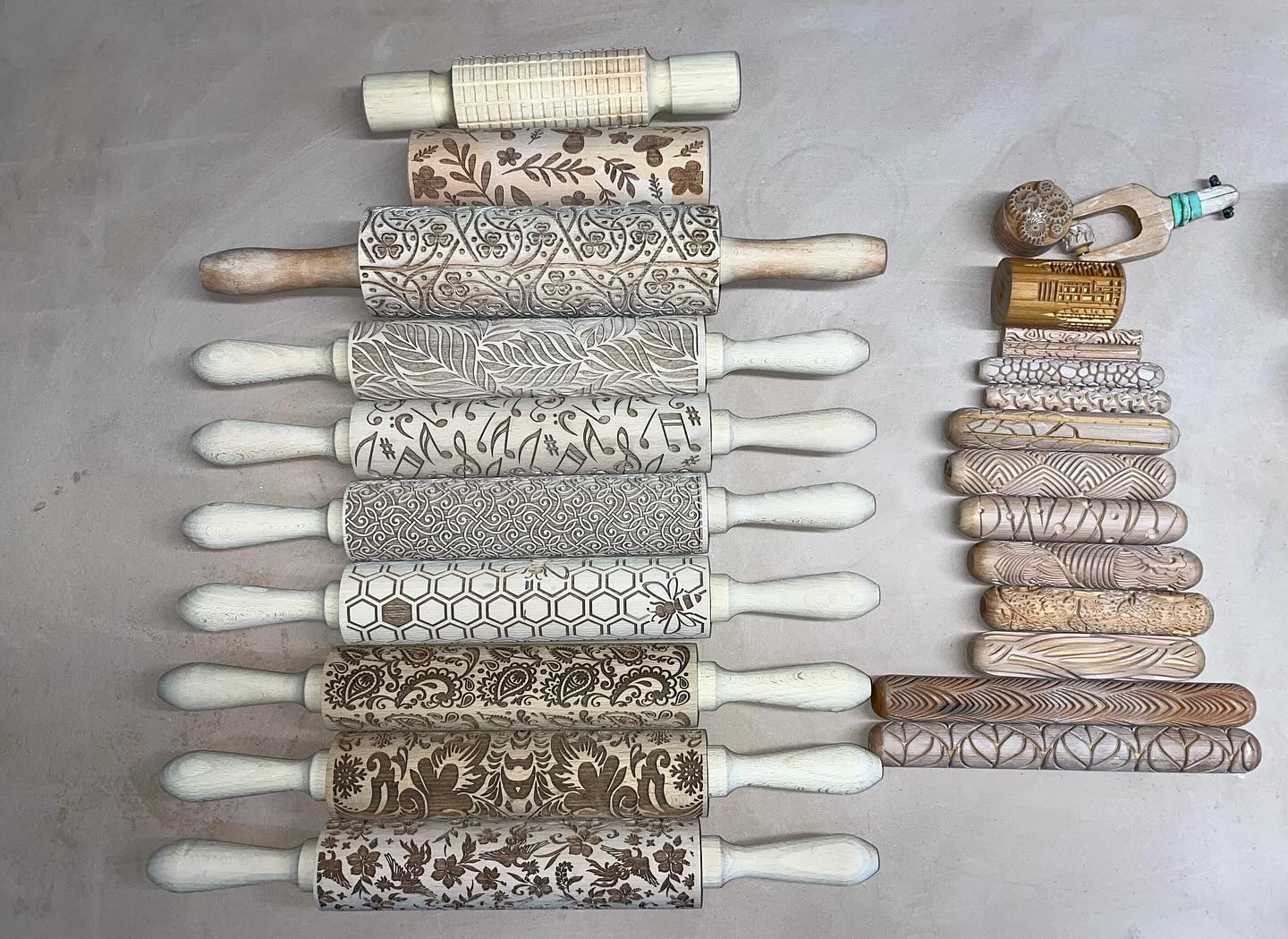 Tools of the trade: Purchased, made , and found texture rollers. And that’s just ONE category of texture tools. 🤣🤷🏼♀️ #handbuildingwithclay #pastrymade #mkmpotterytools #handmade