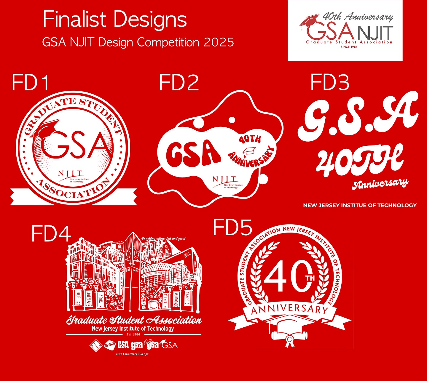 Help us to decide 😱😱😱
2025 GSA NJIT Design Contest, Finalist Designs
Voting: Closed
Public Instagram Vote (1 vote for DF4) – The design with the most likes and shares on stories will receive this vote.
DF4:53 likes
DF1: 40 likes
DF2: 8 likes
DF5: 8 likes
DF3: 5 likes
GSA Assembly Vote (1 vote for DF1) – Members of the GSA Assembly, including representatives and clubs, will cast their votes.
DF1: 7 preferences
DF4: 6 preferences
DF5: 4 preferences
DF2: 0 preferences
DF3: 0 preferences
Executive Board Vote (1 vote each) – Each GSA Board member will have one vote. However, the GSA President will abstain from voting due to his or her involvement in the selected designs.