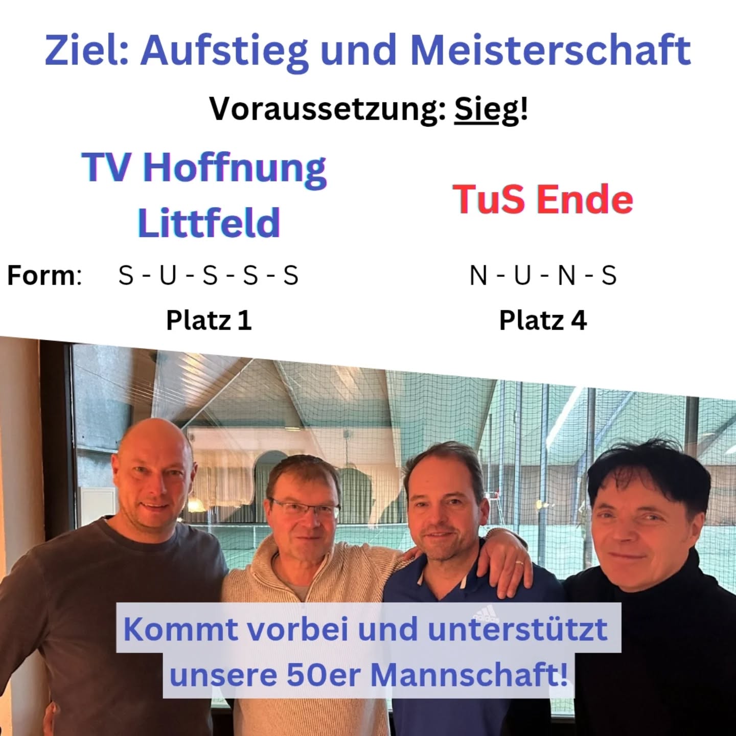 Mission "Alles klar machen" - 01.03. Samstag ab 15 Uhr in Dahlbruch.
Kommt gerne vorbei und feuert unsere Männer vom TVL an!
#tennis #wtv #tennismatch #gameday #spieltag #bezirksliga #südwestfalenliga #siegerland #tvlittfeldtennis #tvhoffnunglittfeld