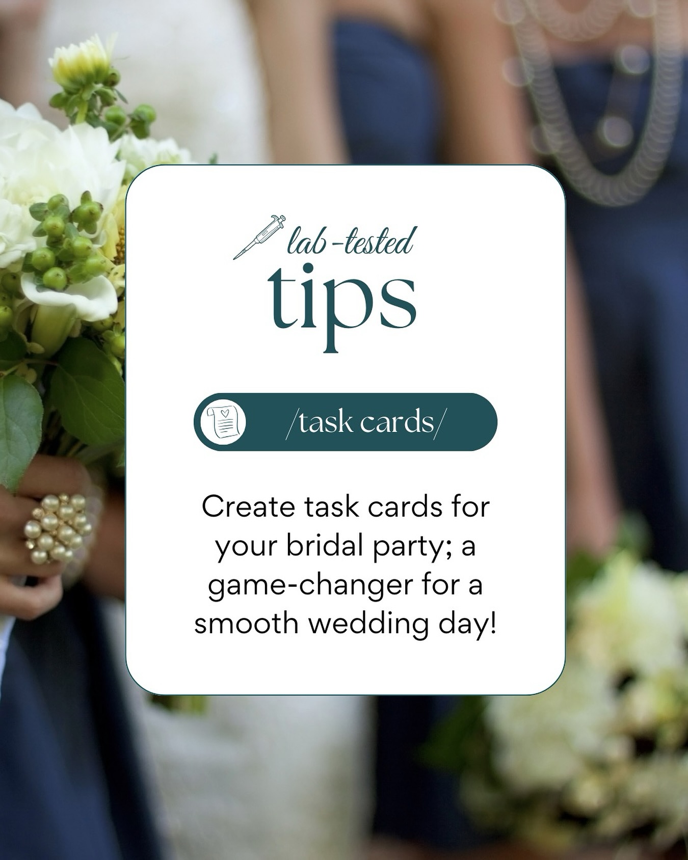 🧪 Lab-tested Tip 🧪: Create Bridal Party Task Cards!
Even the most prepared couples can get overwhelmed with last-minute wedding day questions. Instead of fielding texts or scrambling to give directions, create Bridal Party Task Cards ahead of time!
📌 How it Works:
✨Write down key tasks for each person in the wedding party (e.g., Maid of Honor handles vendor check-ins, Best Man ensures the rings are ready, a trusted friend watches over gifts).
✨Print and distribute these cards at the rehearsal.
Include important phone numbers so they know who to contact if needed.
This simple yet effective tip keeps everyone in the loop and keeps you stress-free on your big day!
💡 Need more expert tips? We’ve got you covered!
theweddinglab.ca | theweddinglabcanada@gmail.com | or through our DMs