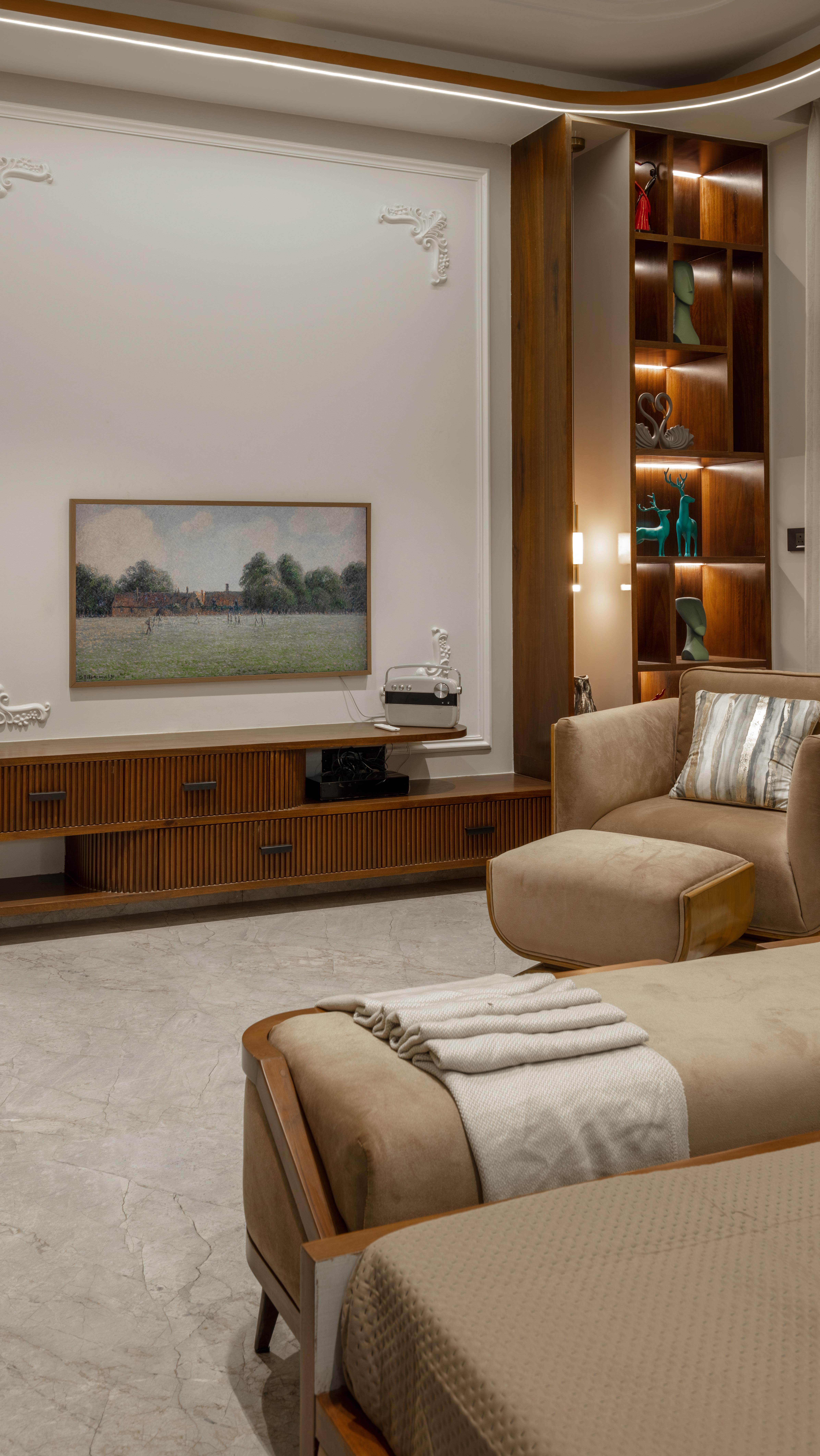 This luxury master bedroom is a true retreat, featuring a stunning 4 layered bed back, plush bedding, and sophisticated furnishings.
The perfect blend of elegance, comfort, and style.
.
.
The bed , side tables and bed end itself is a stunning, plush tufted wooden masterpiece.
.
A comfortable, oversized reading chair sits in a cozy corner, perfect for curling up with a good book.
.
Italian marble flooring in sleek grey tones brings a sense of calmness and serenity, its creamy undertones complementing the rich dark wood hues.
.
Designed @imagine_design_studios @architect.ankitmittal
Design team - @ar.deepesh_sharma @chandrikamittal
Location - Dahod, Gujarat.
@sumit_agrawal90 @sanket.sanket1988
.
Soft furnishings and beddings - @motivation_furnishings
Veneers- @theconcepthomes
.
.
#luxurybedroom #ItalianMarble #SereneOasis #BedroomGoals #InteriorDesignInspiration #asianpaints #bedroominteriors #bedroominteriordesign #bedroominteriorstyling #interiordecor #interiorstyling #indorearchitects #interiordesigner #archlovers #archdaily #architecturelovers #interiorphotography #postoftheday #instadaily #trendingreels #reelsinstagram #explorepage✨