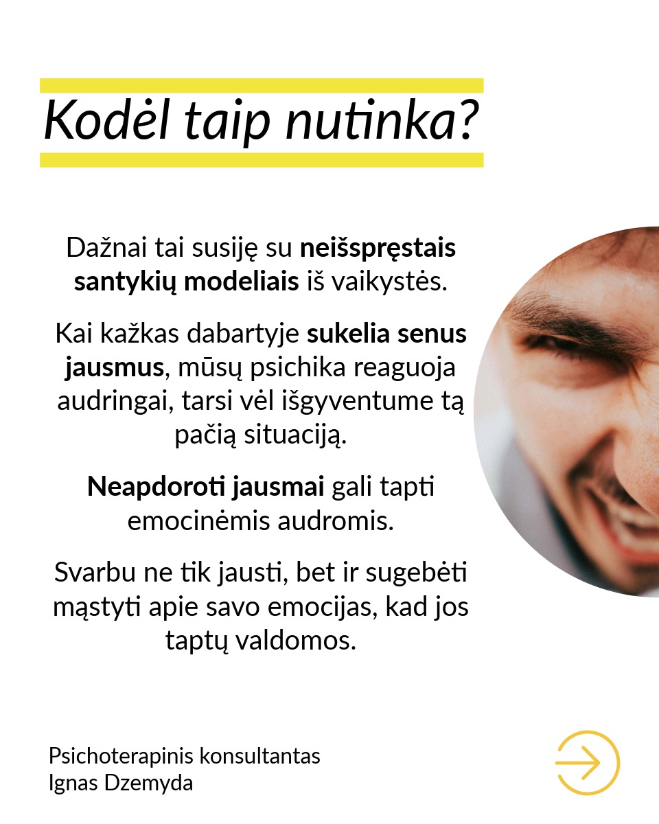 Ar kada jautei, kad emocijos užvaldo taip stipriai, jog atrodo, lyg siaučia audra?
Tai gali būti vadinama emocijų audra (affect storm) – staigus ir intensyvus emocijų antplūdis, kai sunku save suvaldyti. Emocijų audros pasireiškia kaip stiprios emocinės reakcijos, tokios kaip pyktis, baimė, liūdesys ar panika, kurios gali būti neproporcingos jas sukėlusiam įvykiui.
Kas tai yra?
Emocijų audros dažniausiai kyla, kai mūsų vidiniai konfliktai ir neišspręstos patirtys išlenda į paviršių, o psichika negali jų apdoroti ramiai. Toks emocijų proveržis gali pasireikšti kaip: staigus pykčio ar nusivylimo protrūkis; gilus beviltiškumas ir ašaros be aiškios priežasties; baimės ir nerimo bangos, kurių neįmanoma nuslopinti.
Kodėl taip nutinka?
Dažnai tai susiję su neišspręstais santykių modeliais iš vaikystės. Kai kažkas dabartyje sukelia senus jausmus, mūsų psichika reaguoja audringai, tarsi vėl išgyventume tą pačią situaciją. Neapdoroti jausmai gali tapti emocinėmis audromis. Svarbu ne tik jausti, bet ir sugebėti mąstyti apie savo emocijas, kad jos taptų valdomos.
Kaip su tuo tvarkytis?
Atpažinkite ir kartokite sau: „Tai emocijų audra, ji praeis.“ Kvėpuokite ir įsižeminkite. Gilūs įkvėpimai padeda sugrįžti į save. Išrašykite arba iškalbėkite jausmus. Įvardijant, kas vyksta, emocijos silpnėja. Ieškokite giluminių priežasčių. Terapija gali padėti suprasti pasikartojančias emocines reakcijas.
Jei dažnai patiri emocijų audras, svarbu į jas įsiklausyti. Ką jos tau sako?
Nepamiršk pasirūpinti savimi!
#psichologija #psichoterapija
#savespazinimas #psichologas #emocinesveikata #psichologinepagalba #savirefleksija #terapija #psichinesveikata #meditacija #gyvenimokokybė #asmeninisaugimas #augimas