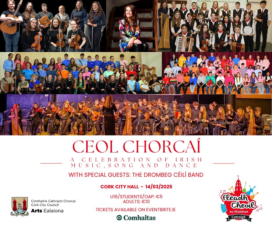 We are delighted to announce the line up for our upcoming concert in Cork City Hall - Ceol Chorcaí on March 14th. A great way to start your St. Patrick’s weekend.
⭐️The Drombeg Céilí Band
⭐️CCÉ Chronáin Plearacha Na nÓg
⭐️CCÉ Cloch Na gCoillte Plearacha Na nÓg
⭐️CCÉ Baile Núis Plearacha All Ireland Champions 2024
⭐️Craobh na Dúglaise Senior Group
⭐️CCÉ Niall Ó Cathasaigh - Trad Orchestra - Ceolfhoireann Tradisiúnta Mhúscraí - Bláth na hÓige
🌟And a special guest performance from singer Elle Marie O’Dwyer
🎤We are thrilled to announce Dick Beamish as our Fear an Tí for the night!
Event proudly sponsored by Cork City Council.
Tickets are available on eventbrite.ie. Bígí Linn!!
https://www.eventbrite.ie/e/ceol-chorcai-a-celebration-of-irish-traditional-music-song-dance-tickets-1247944267899?aff=ebdsshios