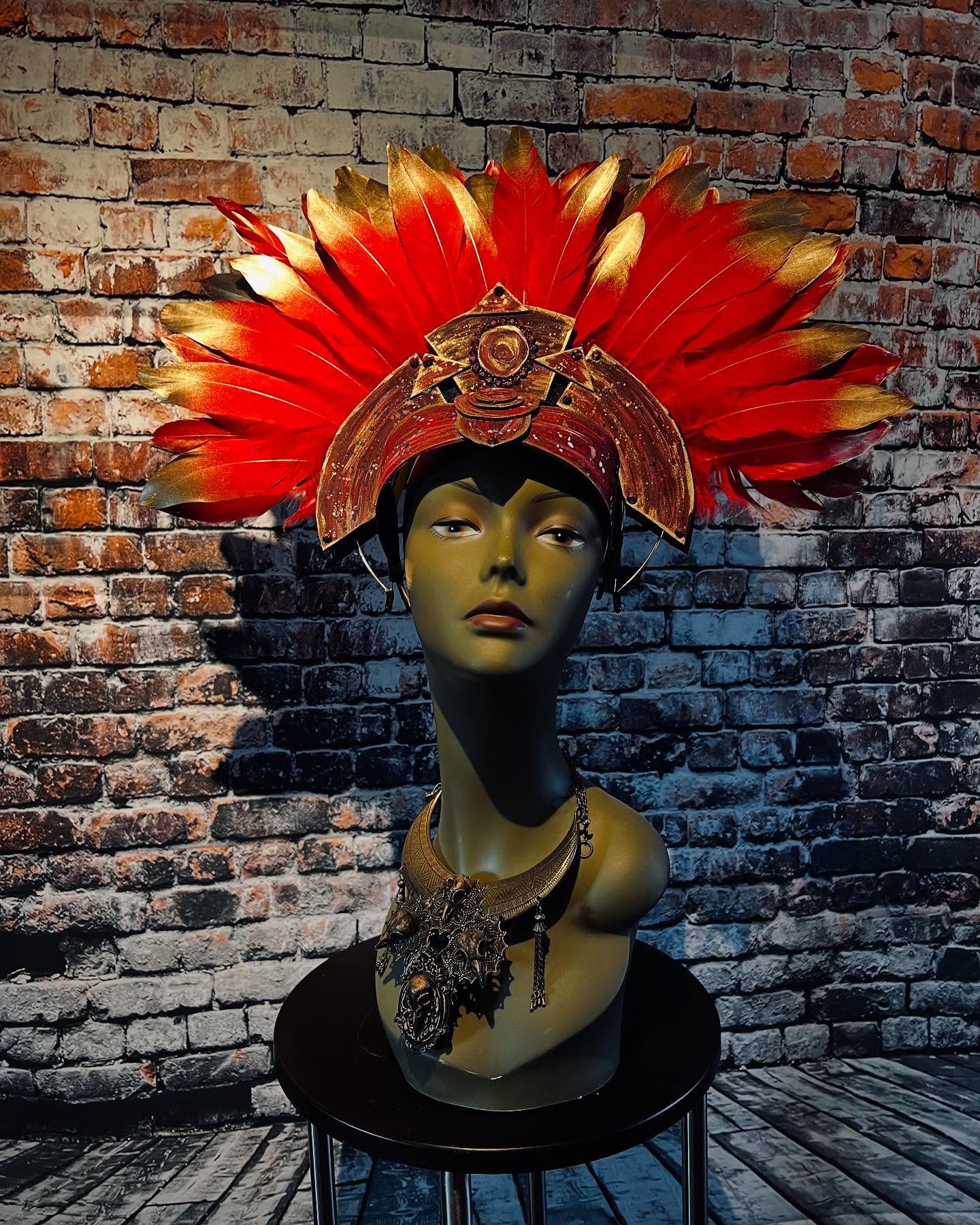 Red Aztec inspired Headdress - I will list this one shortly. This one has a bigger 22 inch head size and is perfect for wearing with wigs. #aztec #aztecheaddress #aztecwarrior #aztecinspired #azteccostume #azteccosplay