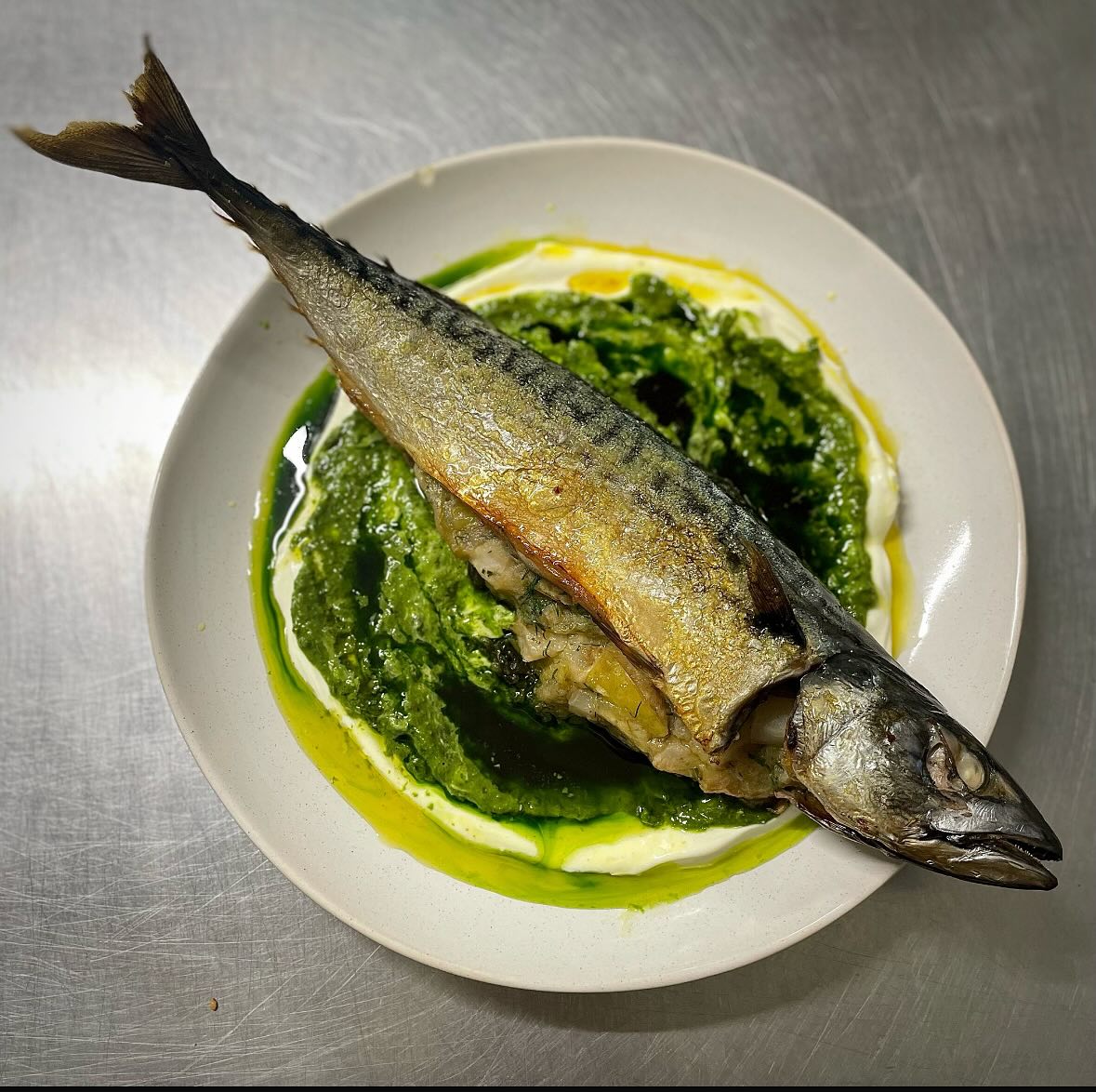 Apple stuffed mackerel, salsa verde, sour cream