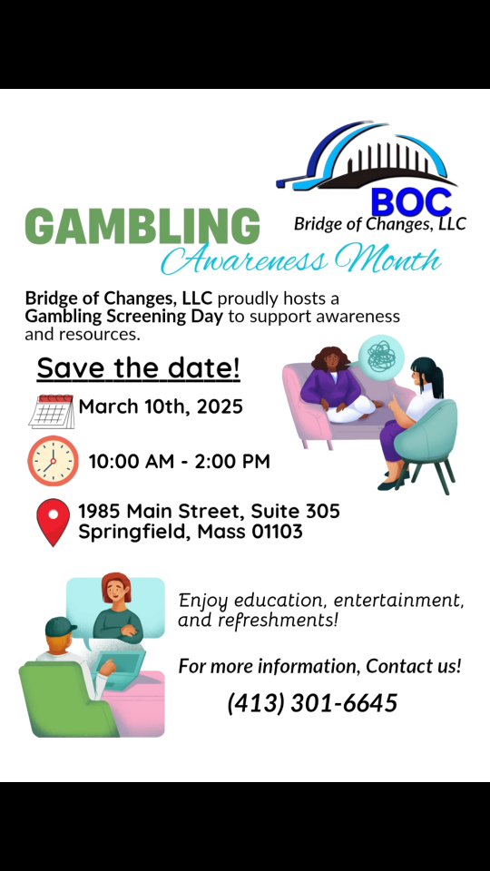 BOC invites you to Gambling Screening Day! March 10, 2025 from 10:00 AM-2:00 PM. 🎉 #Gambling #Screening #Health #Awareness #March