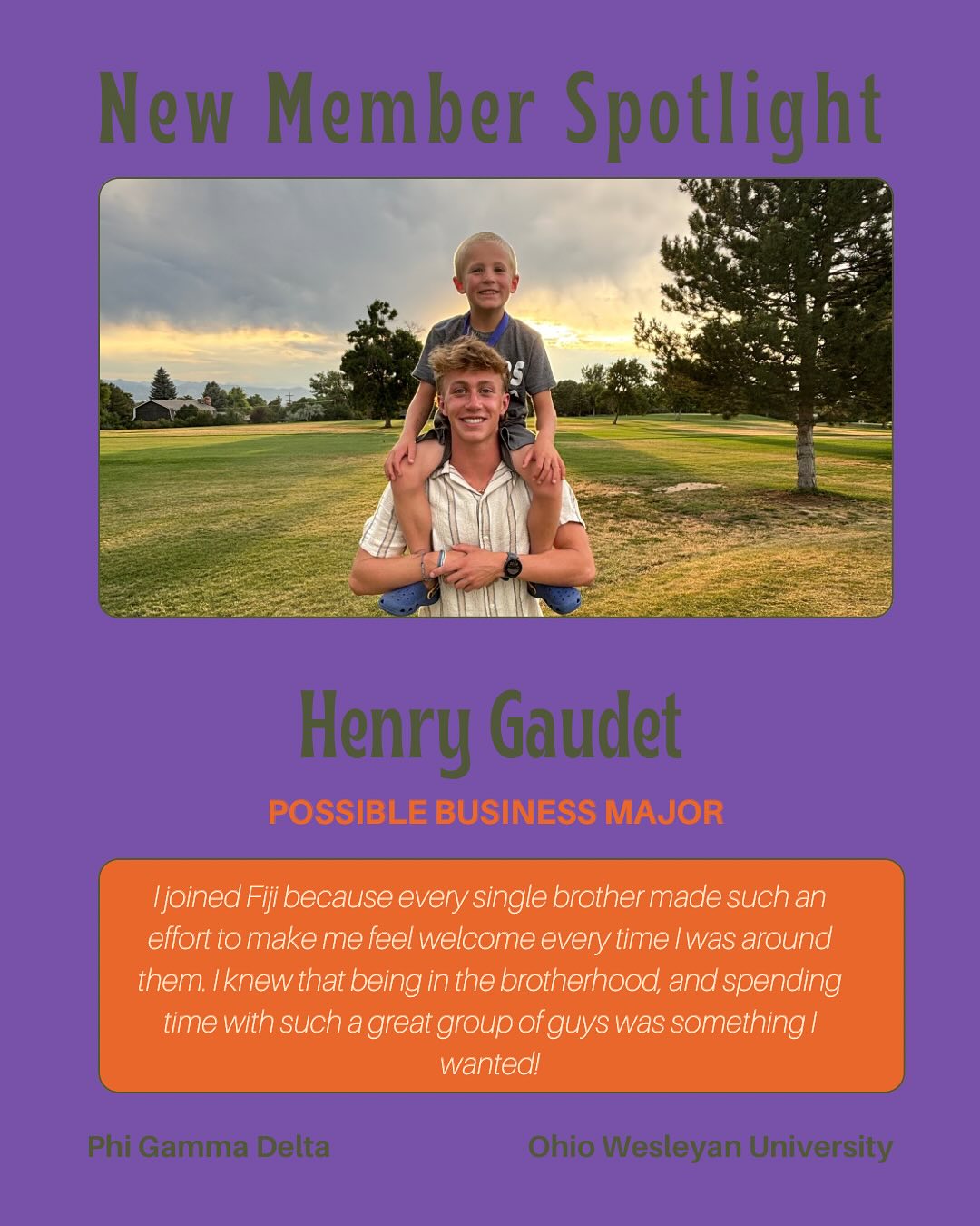 *New Member Spotlight* Henry is looking to major in Business, and is a member of the OWU swim team 🏊♂️ Henry is a lively guy that everyone easily gets along with. Welcome to FIJI 🟪