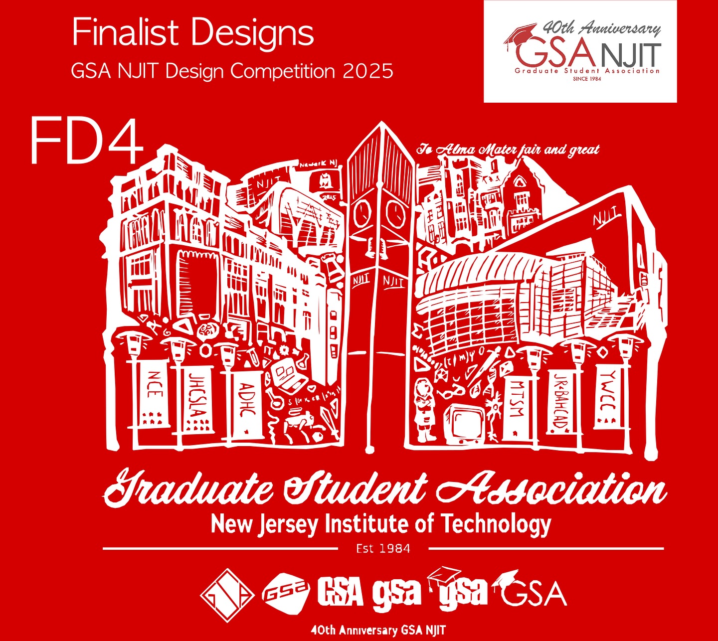 2025 GSA NJIT Design Contest, Finalist Design 4.
54 likes
Voting is open until Sunday, March 2.
Designer Comment:The buildings and the bell tower of our university are a mix of knowledge and tradition, with the representation of the 6 colleges we have and a star for each department, together with various references to our own research, university life and knowledge.
Public Instagram Vote (1 vote) – The design with the most likes and shares on stories will receive this vote.
GSA Assembly Vote (1 vote) – Members of the GSA Assembly, including representatives and clubs, will cast their votes.
Executive Board Vote (1 vote each) – Each GSA Board member will have one vote. However, the GSA President will abstain from voting due to his or her involvement in the selected designs.