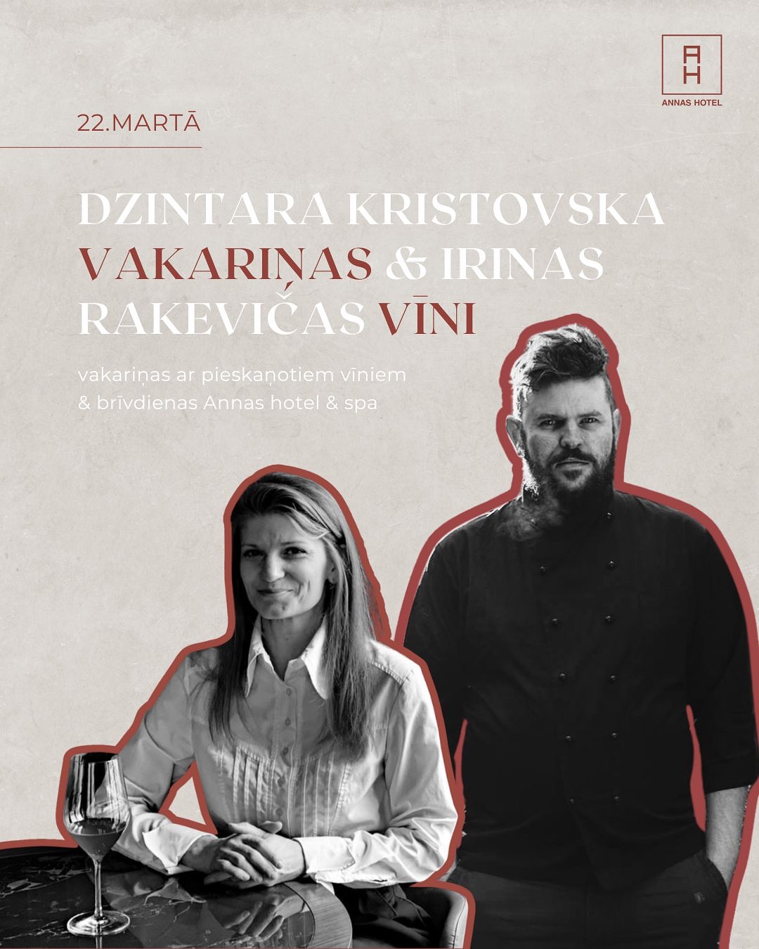 Marta izskaņā gaidīsim ciemos Annās uz pavasara gaidīšanas vakariņām ar pieskaņotiem Luāras ielejas vīniem divu īpaši viesu un viņu stāstu pavadībā - kopā ar vīnzini Irinu Rakeviču @irina.rakevich un šefpavāru Dzintaru Kristovski @dzimbojones
PIRMĀ DIENA - ierašanās Annās no plkst. 15:00
- nakšņošana Jūsu izvēlētā apartamentā
- spa kompleksa VANNAS apmeklējums – akmens baseins ar pretstraumi, burbuļvanna, tvaika pirts, sauna un lietus dušas
- zāļu tēju baudīšana SPA kompleksā
-vakariņas ar vīnzini Irinu Rakeviču un šefpavāru Dzintaru Kristovski.
OTRĀ DIENA - izrakstīšanās līdz plkst. 12.00
- uzmundrinoša rīta pelde akmens baseinā
- bagātīgas brokastis nesteidzīgām sarunām.
Vietu skaits ierobežots.
Rezervāciju veic https://ej.uz/annas-vakarinas-marts