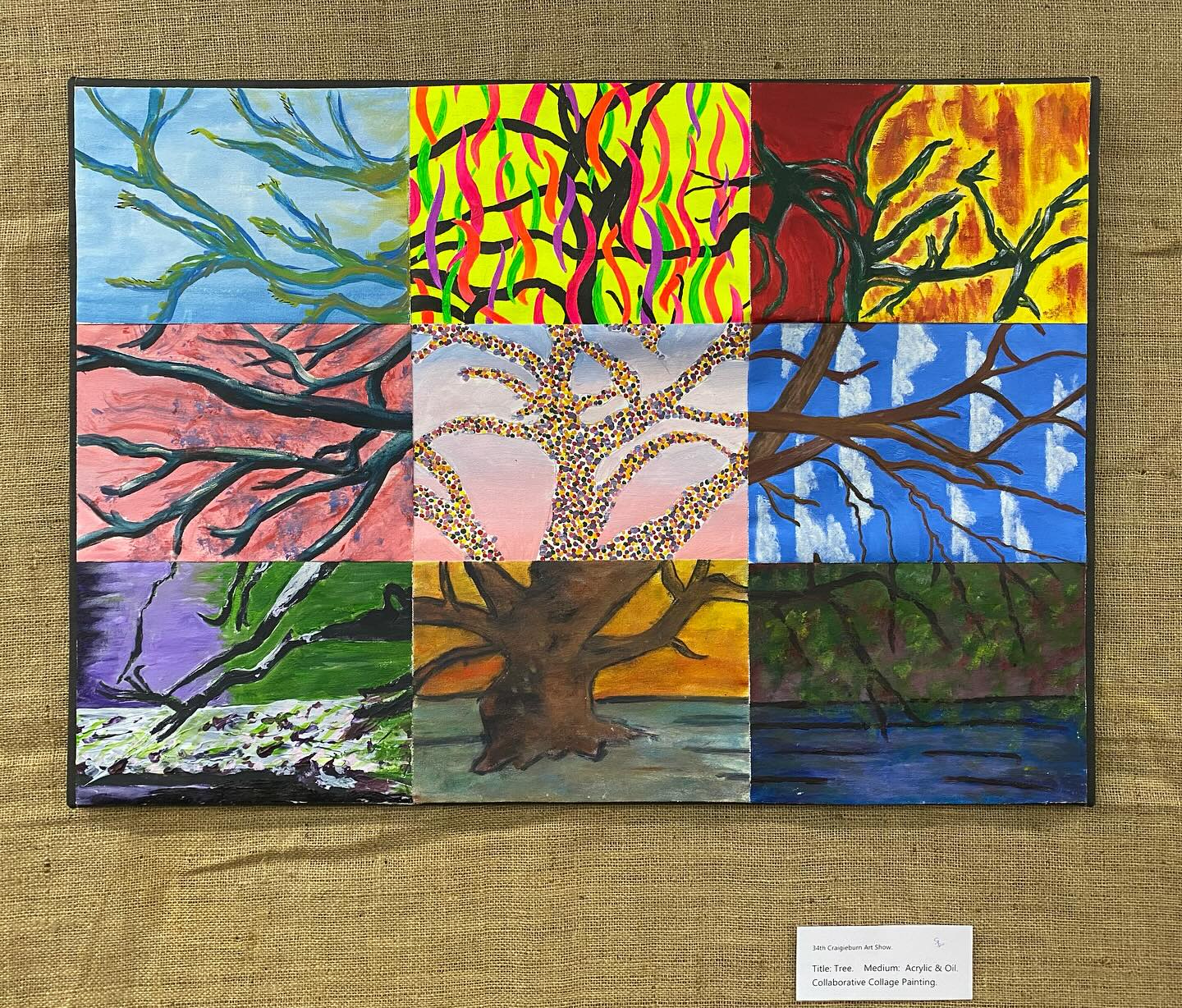 Our Collaborative Collage paintings. The members voted for a reference photo to paint from. I chose the 2 most popular & gave them an outline of a part of the image to paint. Most didn’t know what they were painting. - a Tree. & Medusa.