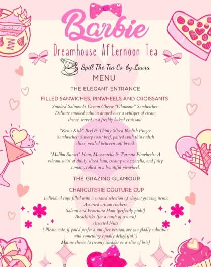 Step into a world of pink perfection with Spill The Tea Co. by Laura! 🎀✨
🌸✨ Hey there, Gorgeous Dolls! ✨🌸
Get ready to sprinkle some sparkle into your next gathering because Spill The Tea Co. by Laura is thrilled to unveil our newly designed Barbie-themed Afternoon Tea Menu! 🎀💖
Whether you’re planning a fabulous birthday party, a chic catch-up with your besties, or just want to celebrate the sparkle of sisterhood, our afternoon tea boxes—adorned with the most delightful pink bows—It’s the ultimate way to make memories and enjoy a fabulous afternoon! 🎂✨
So, don your glitter, gather your girlies, sip some tea, and indulge in scrumptious treats inspired by our favorite fashionista doll! 🎀
Preorder your Barbie afternoon tea box today! Let’s make every moment shimmer with joy and friendship! ✨🌷
Are you ready to add a sprinkle of pink-tastic magic to your next gathering? 💖
#barbie #girlsgirlsgirls #party #brunch #birthdaygirl #afternoontea #menudesign #pinkbowstwinkletoes