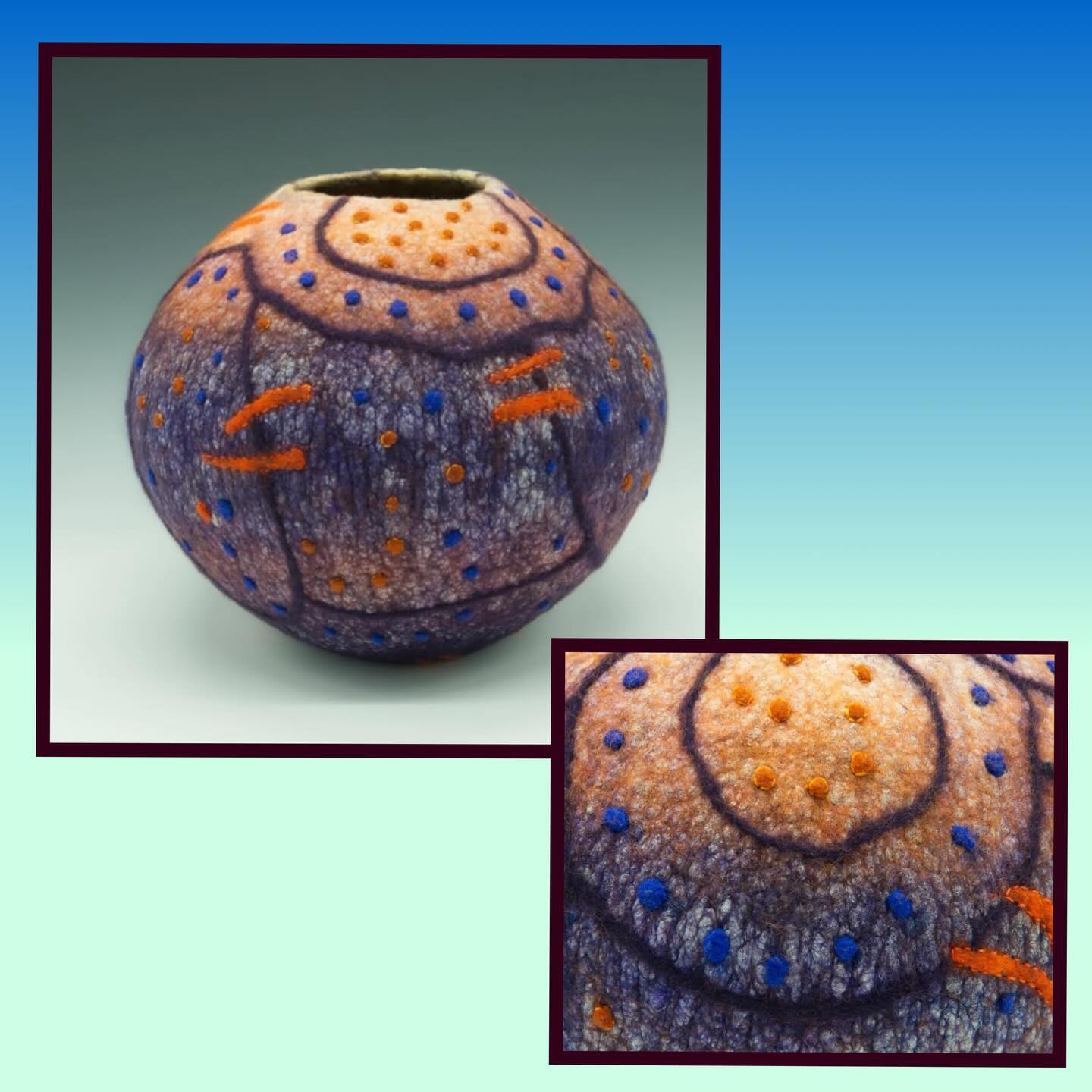 @judith.m.daniels has done it again! Look at her recently finished vessel in which she incorporates the processes of wet felting, silk painting, embroidery, and needle felting. Just beautiful!
