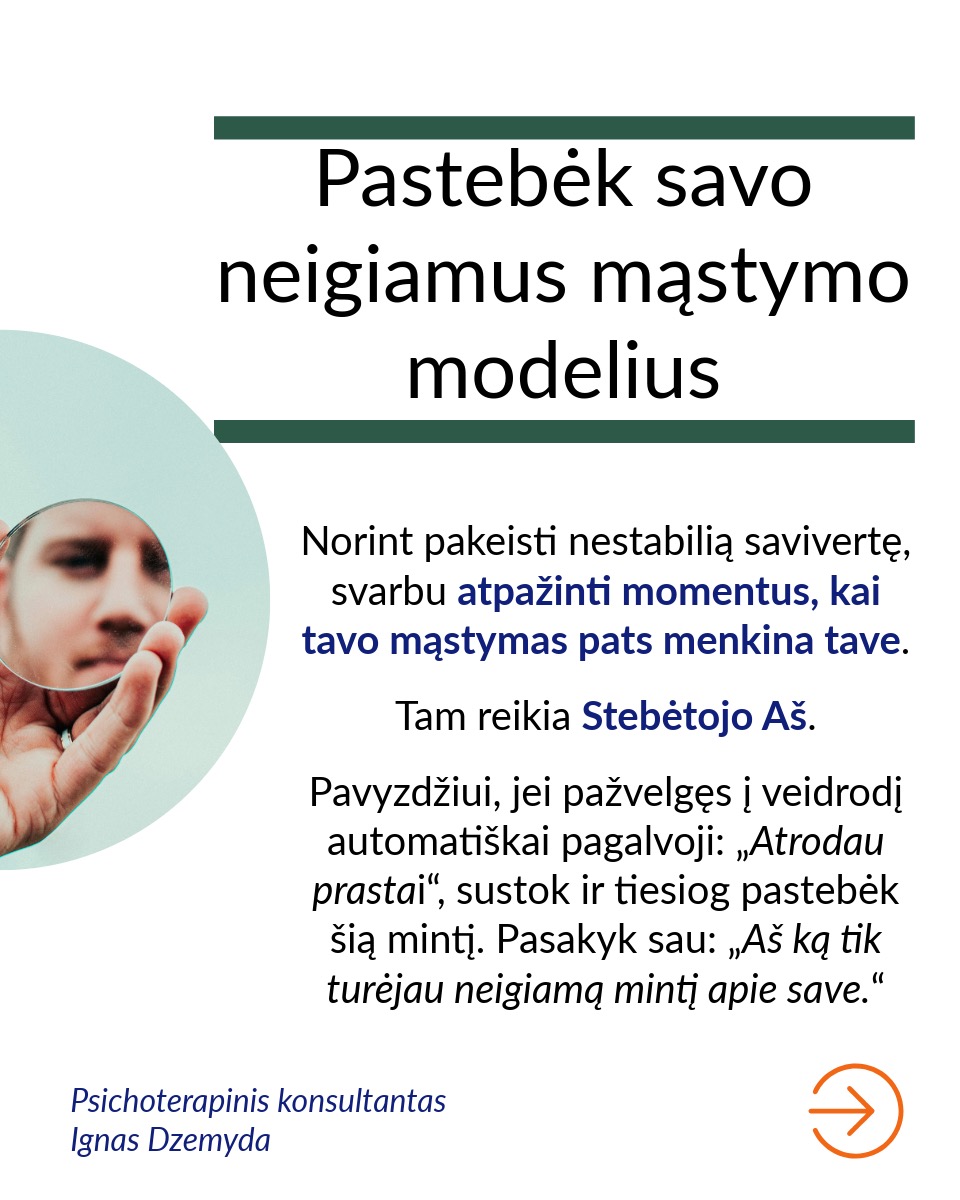 Savivertė – tai asmens realistiškas suvokimas apie savo vertę ir gebėjimas priimti save tokiu, koks jis yra.
Venk apibendrinimų. Teiginys „Aš turiu žemą savivertę" remiasi bendru „viskas arba niekas“ požiūriu. Jei nuoširdžiai įvertintum save, tikėtina, kad galėtum sudaryti sąrašą savybių, dėl kurių turėtum jaustis gerai. Sakymas „Aš turiu žemą savivertę“ yra visiškai nepagrįstas. Taip sakydamas pateisini savo neveiklumą sprendžiant problemas, su kuriomis susiduri. Toks teiginys sukelia bejėgiškumo jausmą ir trukdo imtis pokyčių.
Skaidyk žemą savivertę į konkrečias problemas. Tiksliau ir naudingiau yra įvardyti konkrečias gyvenimo sritis, kuriose tau nesiseka. Sakydamas „Aš turiu žemą savivertę“ tarsi apimi visą tave. Tačiau pasakydamas „Man sunku kalbėti viešai“, įvardiji konkrečią problemą. Aiškiai suformuluota problema gali būti išspręsta.
Pastebėk savo neigiamus mąstymo modelius. Norint pakeisti nestabilią savivertę, svarbu atpažinti momentus, kai tavo mąstymas pats menkina tave. Tam reikia Stebėtojo Aš.
Atsakyk savo neigiamoms mintims. Kai pastebi neigiamas mintis, gali su jomis „pasikalbėti“ ir pakeisti jas teigiamomis, stiprinančiomis mintimis. Kai nustojame suasmeninti kitų žmonių elgesį, galime jį vertinti objektyviau.
Atpažink, senus įsitikinimus. Kai susimąstai, iš kur galėjai perimti tam tikrus įsitikinimus apie save, dažnai prisimeni praeities patirtis. Pavyzdžiui, patyčios klasės akivaizdoje skaitant pranešimą galėjo išugdyti viešojo kalbėjimo baimę. Supratimas, kad blogas savęs vertinimas gali būti išmoktas, savaime suteikia galią keistis.
Susikurk aplinką, kuri nuolat palaikytų, realistiškai tave vertintų ir padrąsintų. Tai gali būti palaikantys šeimos nariai, draugai, konsultantas, terapeutas, paramos grupės, mokytojai, kolegos ar bendruomenės organizacijos.
Nepamiršk pasirūpinti savimi!
#psichologija #psichoterapija
#savespazinimas #psichologas #emocinesveikata #psichologinepagalba #savirefleksija #terapija #psichinesveikata #meditacija #gyvenimokokybė #asmeninisaugimas #augimas #savivertė #saviverte