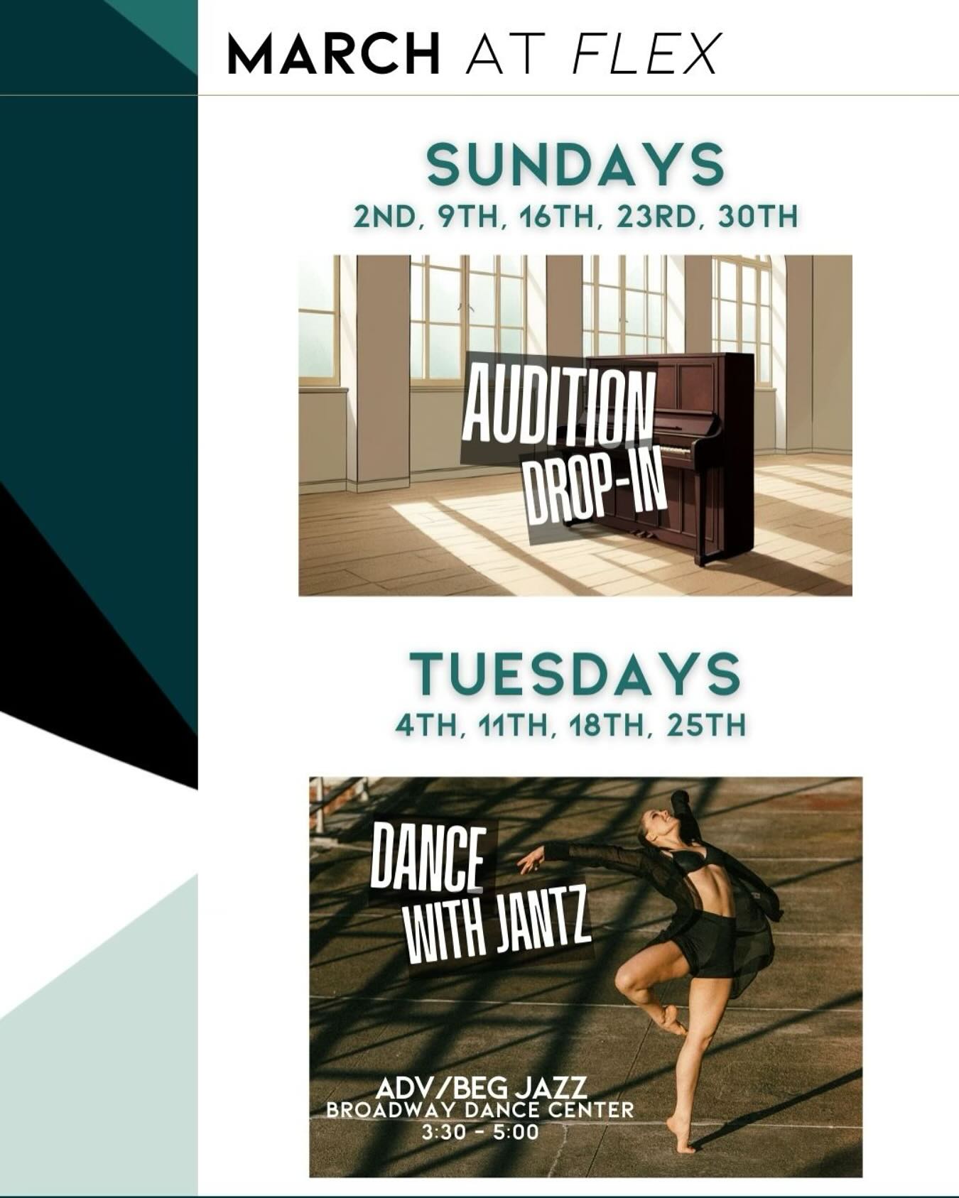 ✨ March at Flex Creatives! ✨
Audition season is in full swing, and we’re here to help you show up with authenticity and confidence!
💥 Our March group events and private training studio are officially OPEN.
🔥 Audition Drop-In – Every Sunday
🔥 Dance With Jantz – Every Tuesday at Broadway Dance Center
Let’s enjoy the process and build sustainable artistic practices. 💪✨
📲 Link in Bio reserve your session.
#FlexCreatives #AuditionSeason